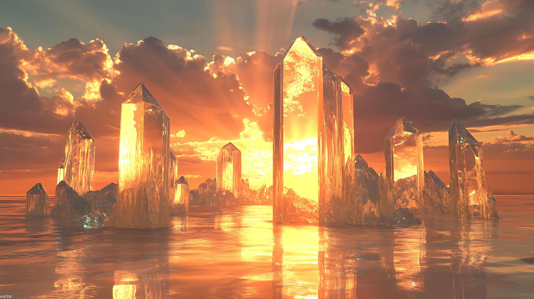 Golden Hour Glow Through Transparent Crystals in a Mystical Water Landscape photo