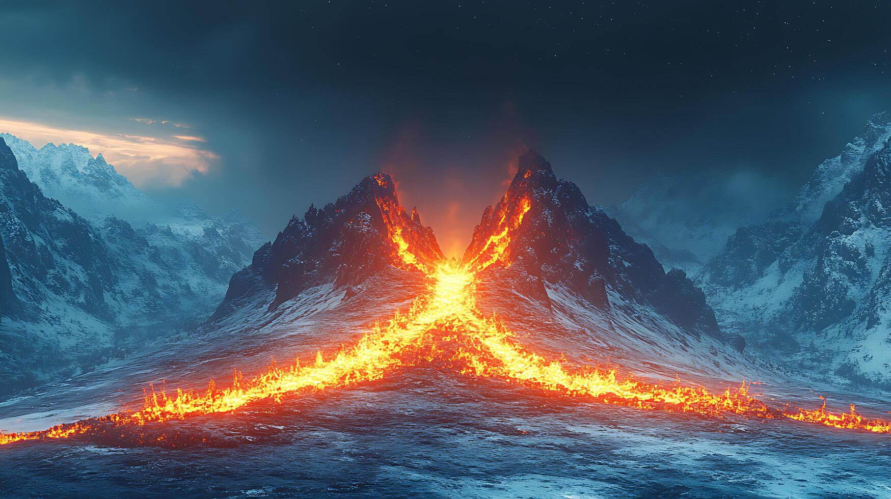 Scenic Volcano Eruption with Glowing Lava Flow and Snowy Mountains photo