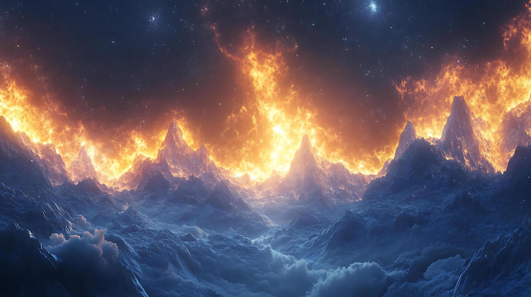 Dramatic Fiery Mountainscape with Intense Contrasting Ambient Glow photo