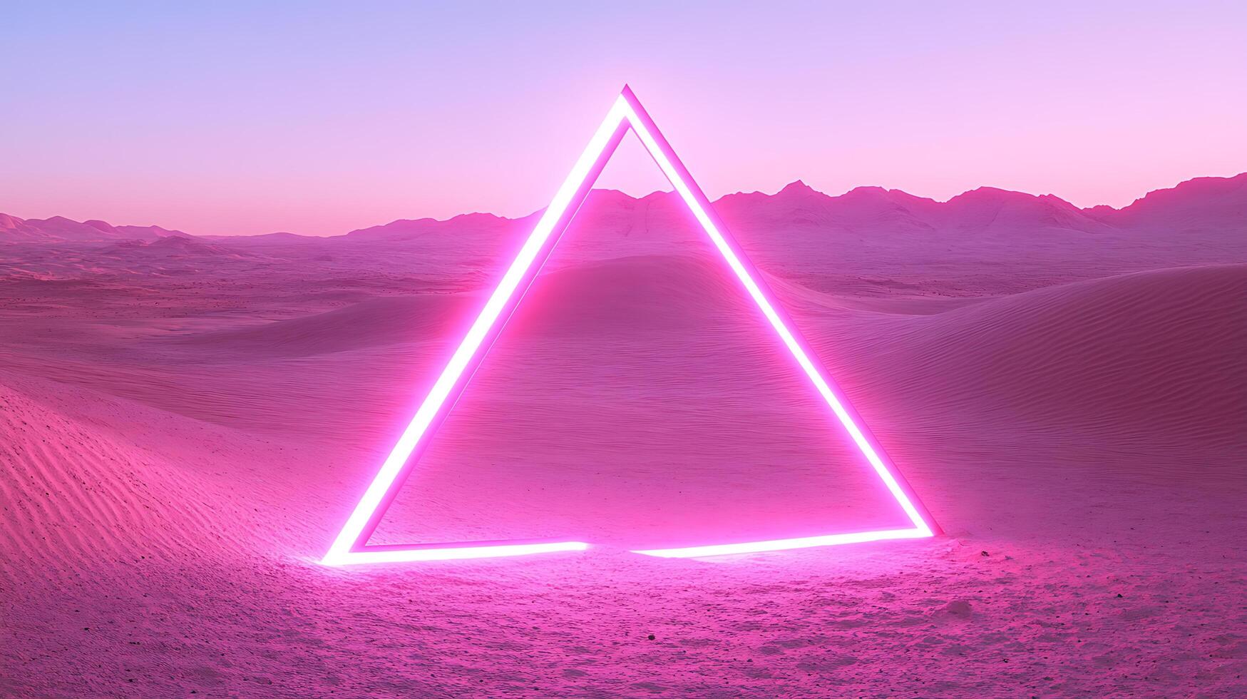 Futuristic Neon Triangle in a Serene Desert Landscape During Twilight photo