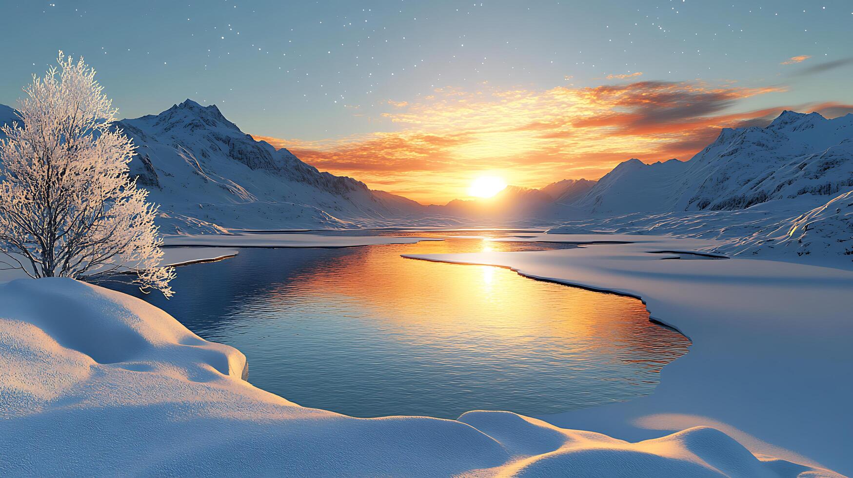 Scenic Snowy Landscape with Mountains, Winter Tree, and Sunset Reflection photo