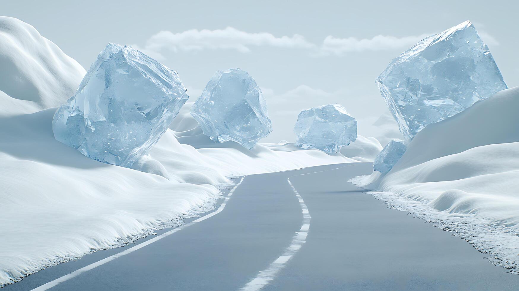 Icy Road with Large Transparent Icebergs Under Clear Sky photo