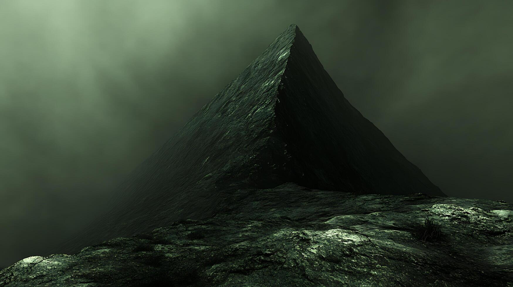 Mysterious Green Pyramid Shrouded in Fog on Rugged Terrain photo