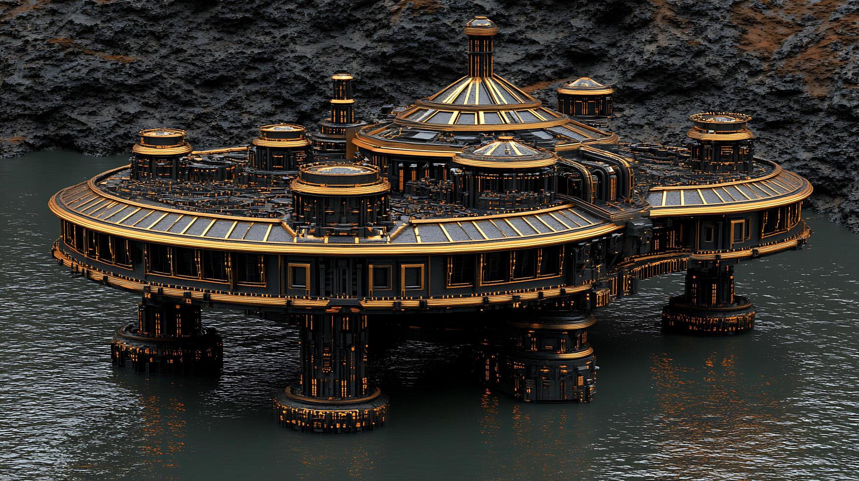 Futuristic Floating Structure with Golden Accents in a Mystical Waterscape photo