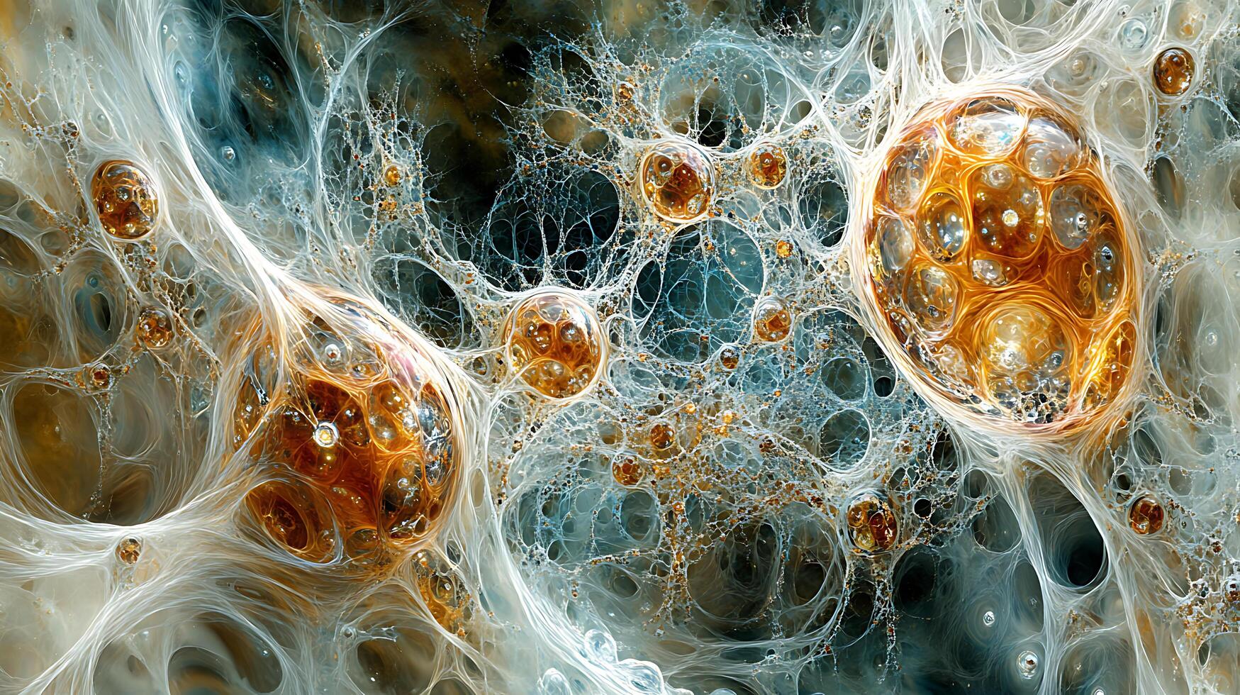 Abstract Golden and White Spheres in a Cosmic Fluid-Like Environment photo