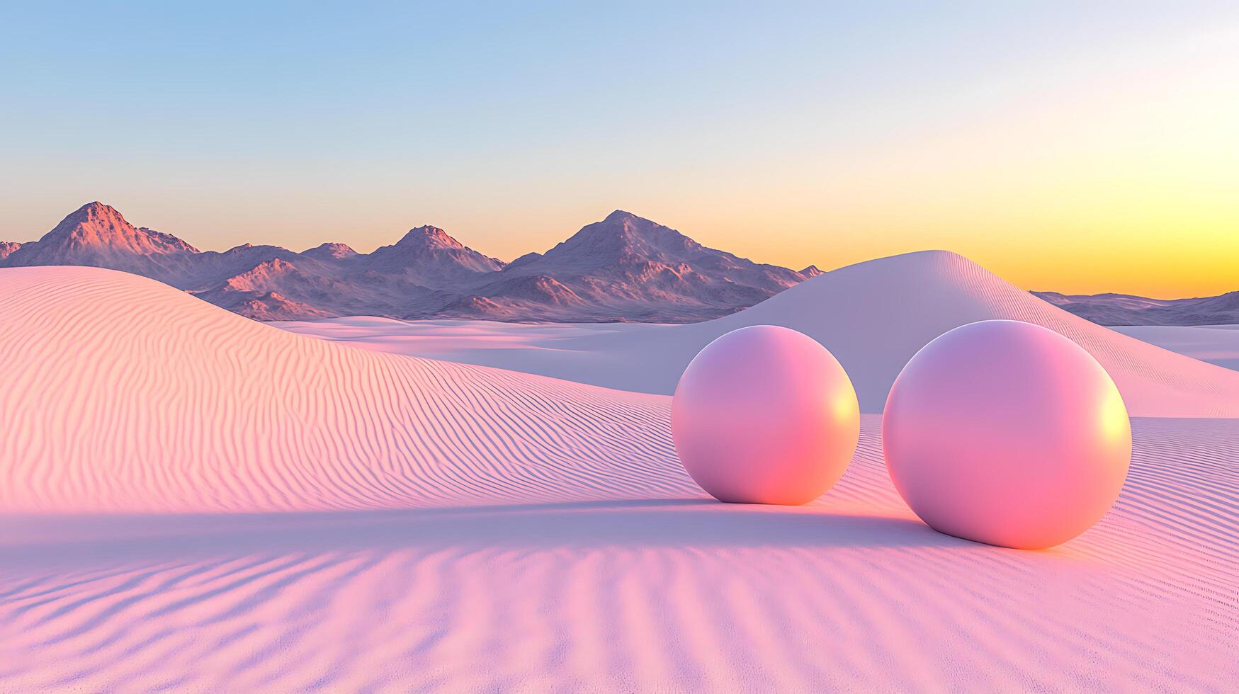 Pink Sand Dunes and Spherical Objects in a Serene Desert Landscape photo