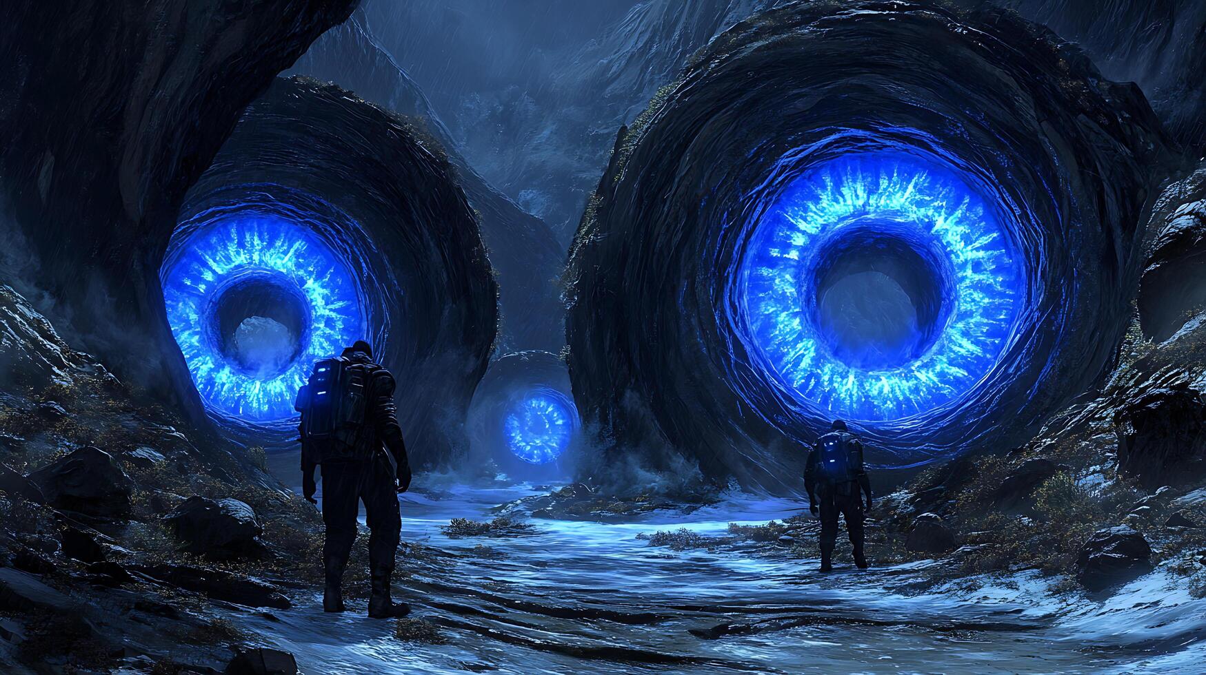 Futuristic Sci-Fi Landscape Featuring Glowing Portals and Explorers in Alien Terrain photo