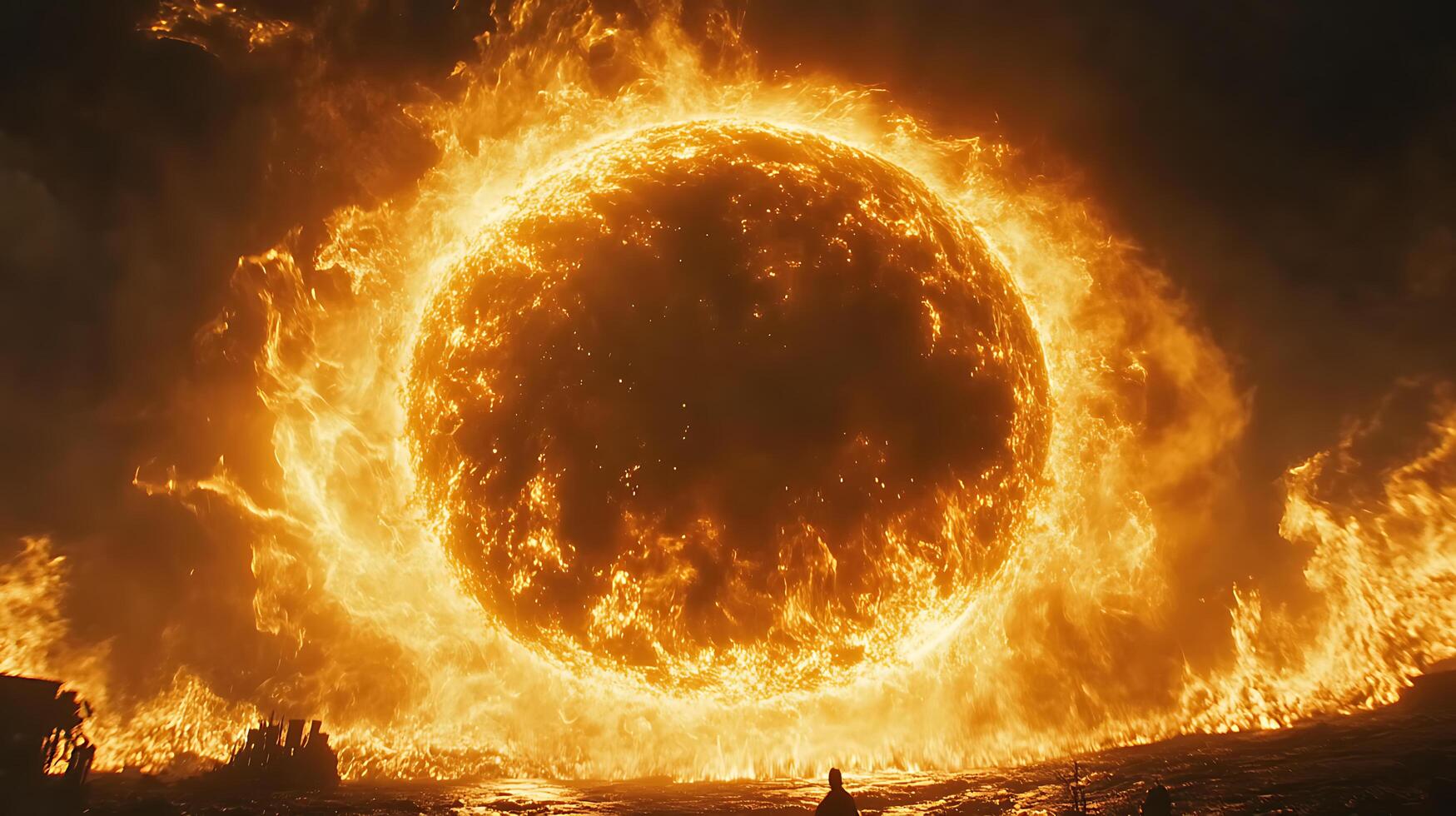 Massive Fiery Orb Surrounded by Flames in a Dark Dramatic Scene photo