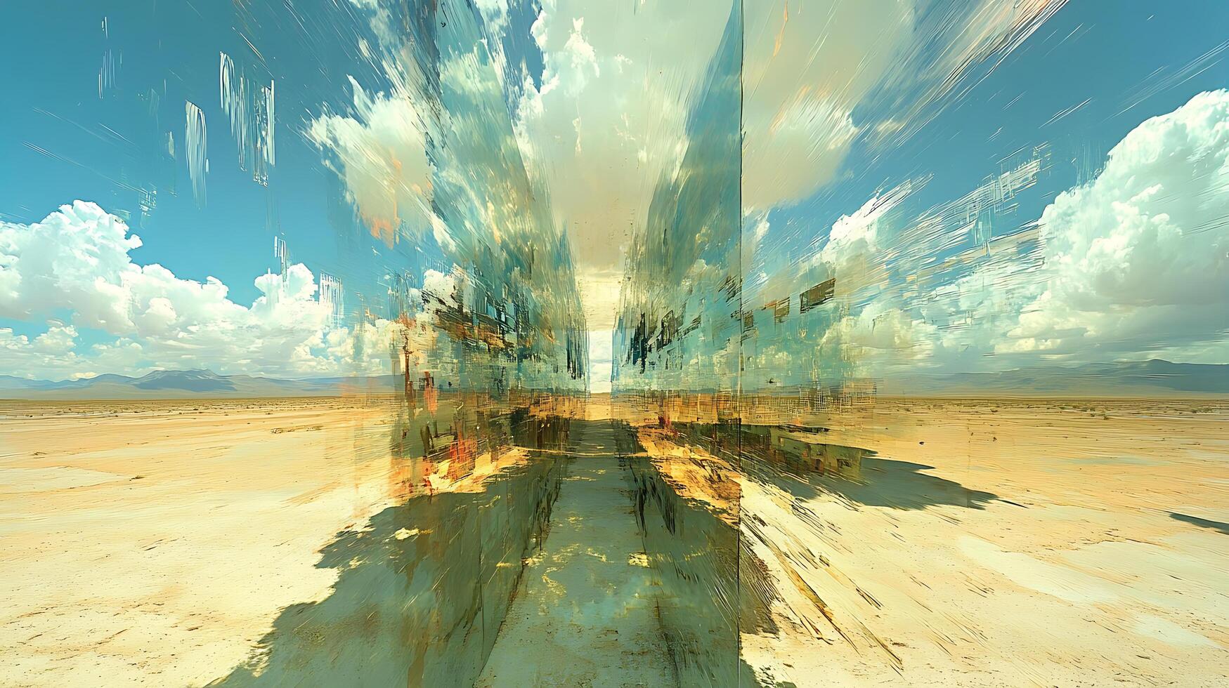 Mirrored Structure in a Vast Desert Landscape with Abstract Effects photo