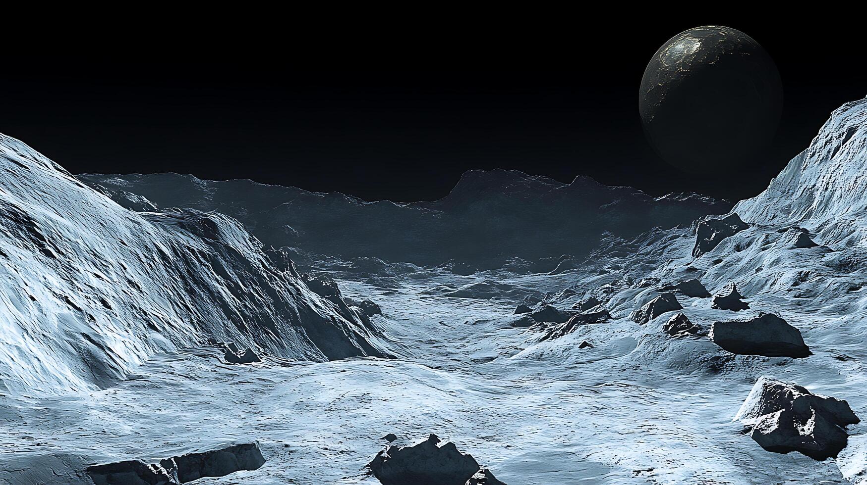 Moonlit Landscape of a Mysterious Icy Surface and Planet photo