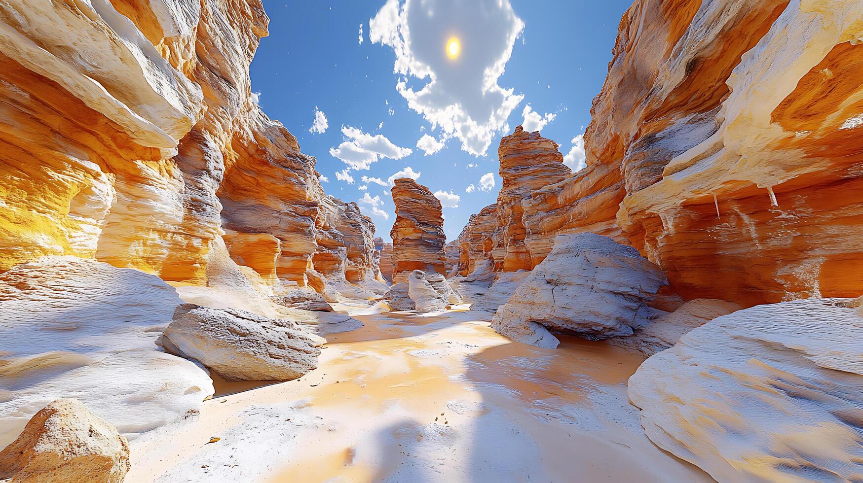 Scenic Canyon with Eroded Sandstone Formations Under Bright Blue Skies photo