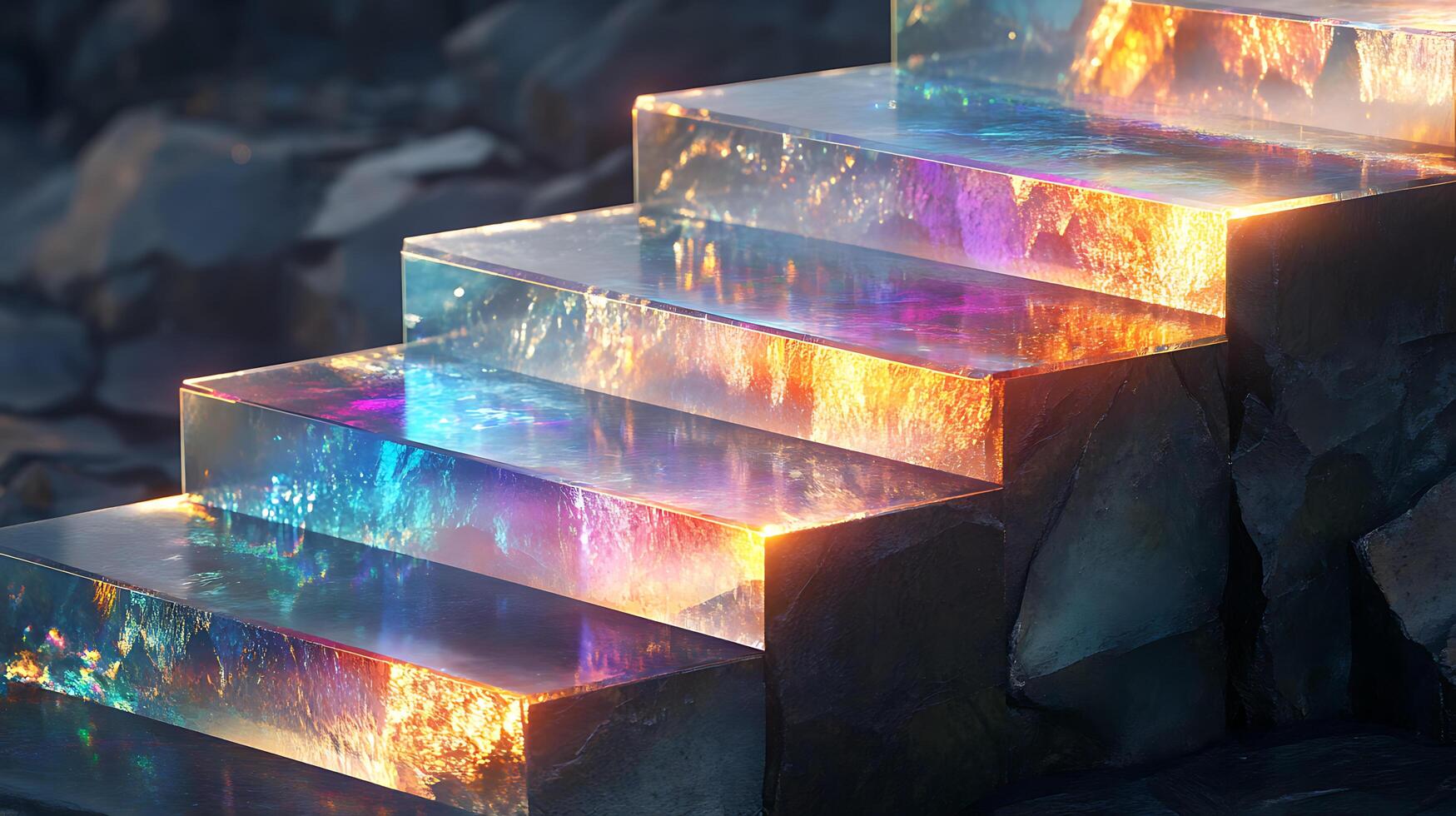 Illuminated Crystal Stairs Reflecting Radiant Colors in Mystical Setting photo