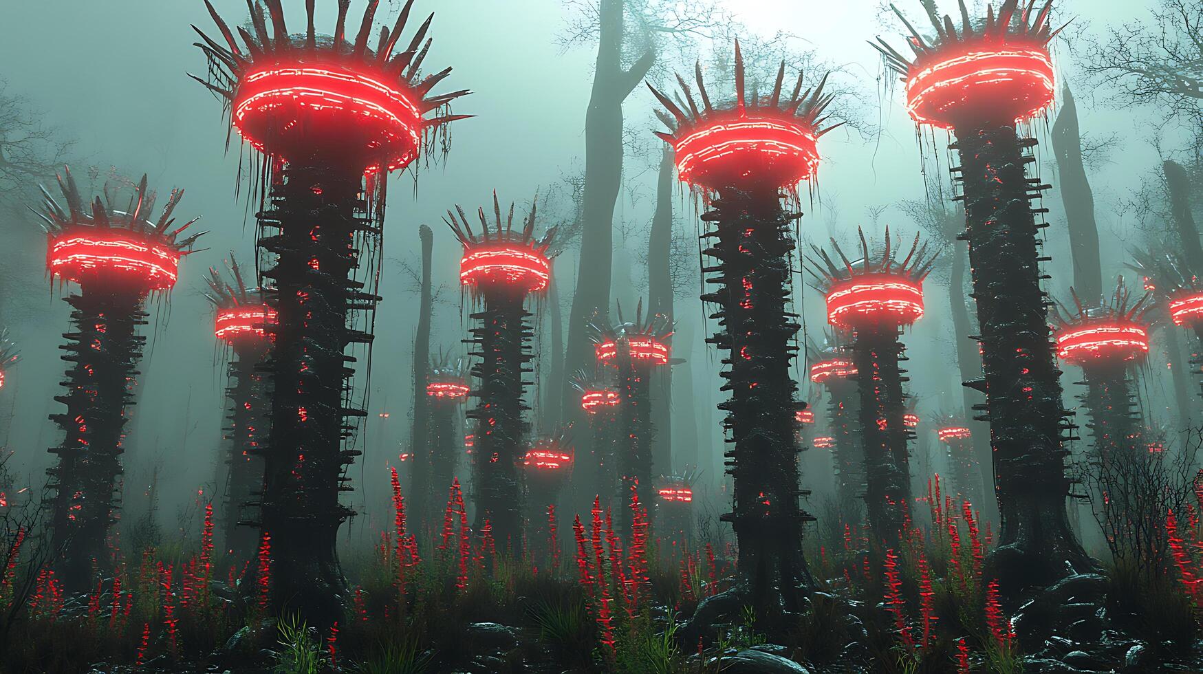 Futuristic Glowing Structures in a Misty Alien Forest Landscape photo