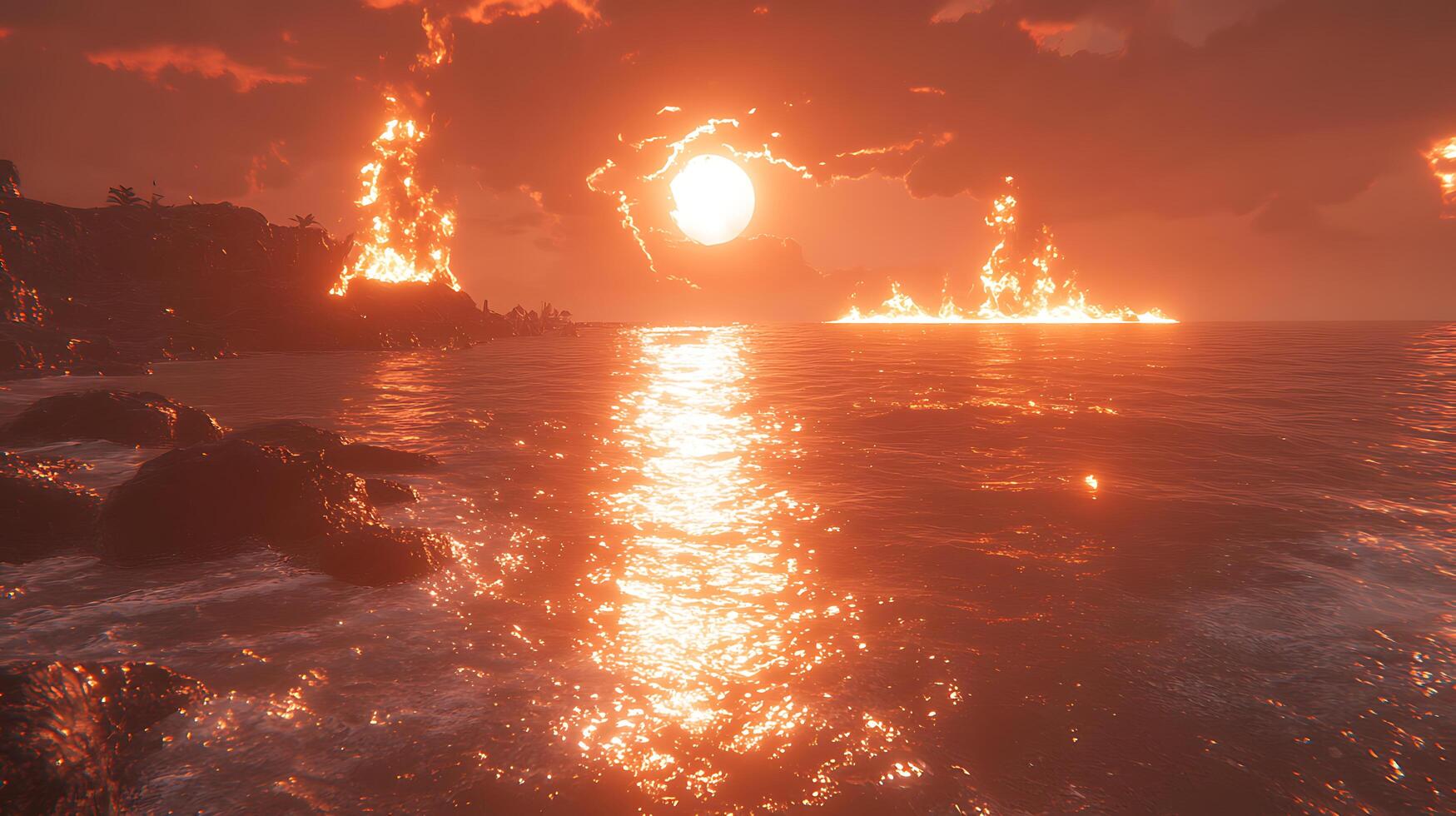 Dramatic Sunset Over Ocean Horizon with Fiery Reflections and Vibrant Clouds photo