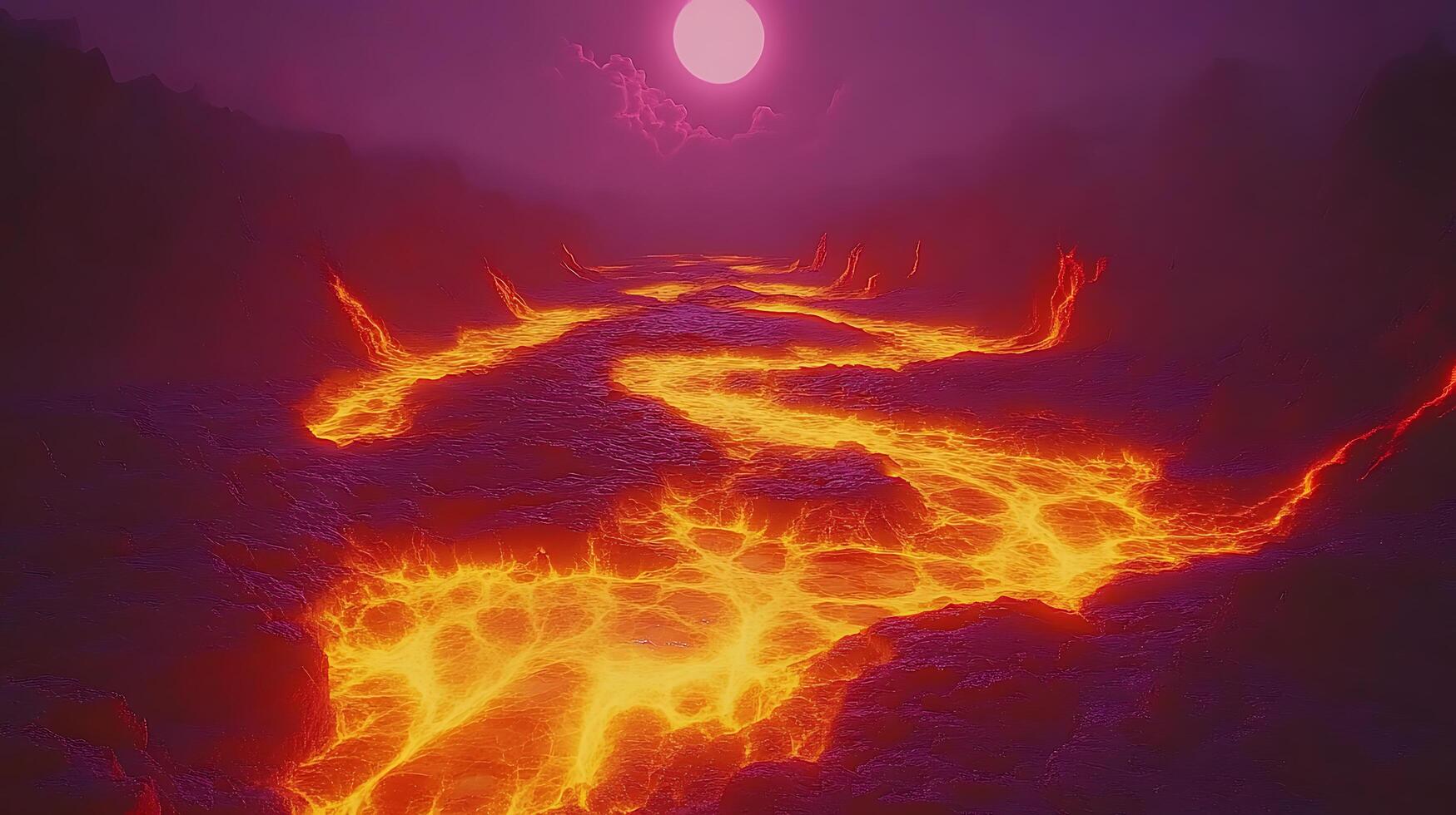 Flowing River of Lava at Sunset Creating a Dramatic and Stunning Landscape photo