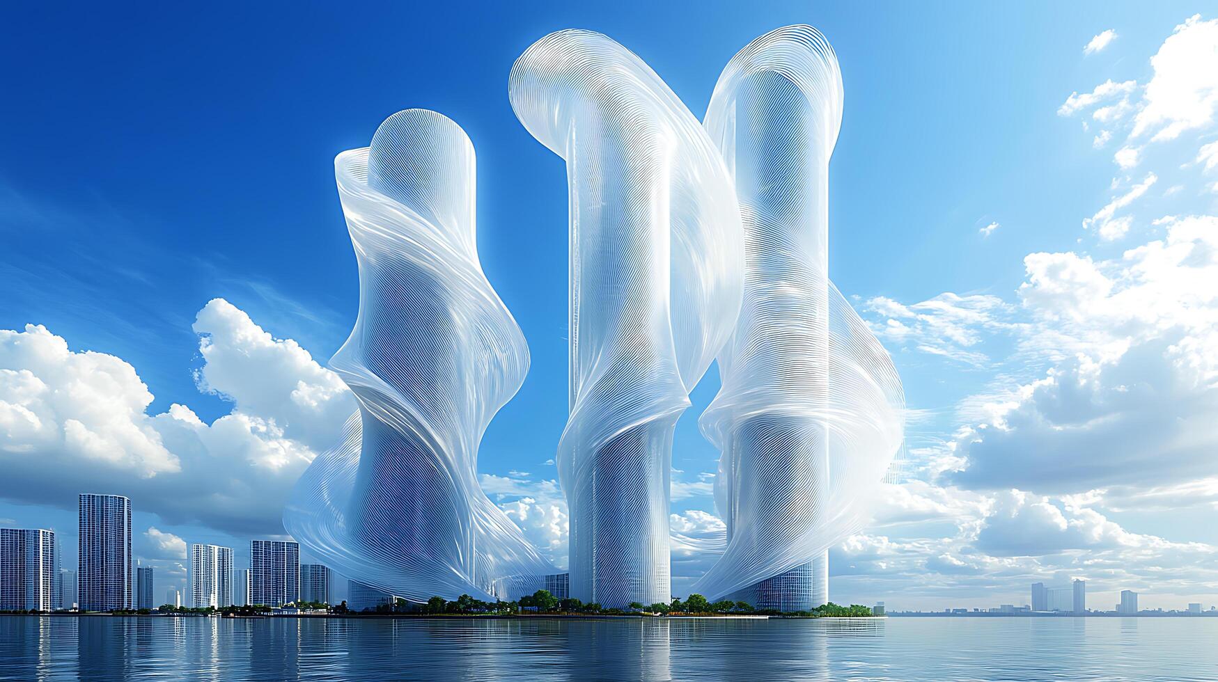 Futuristic Skyscrapers with Elegant Spiral Features Under a Clear Blue Sky photo