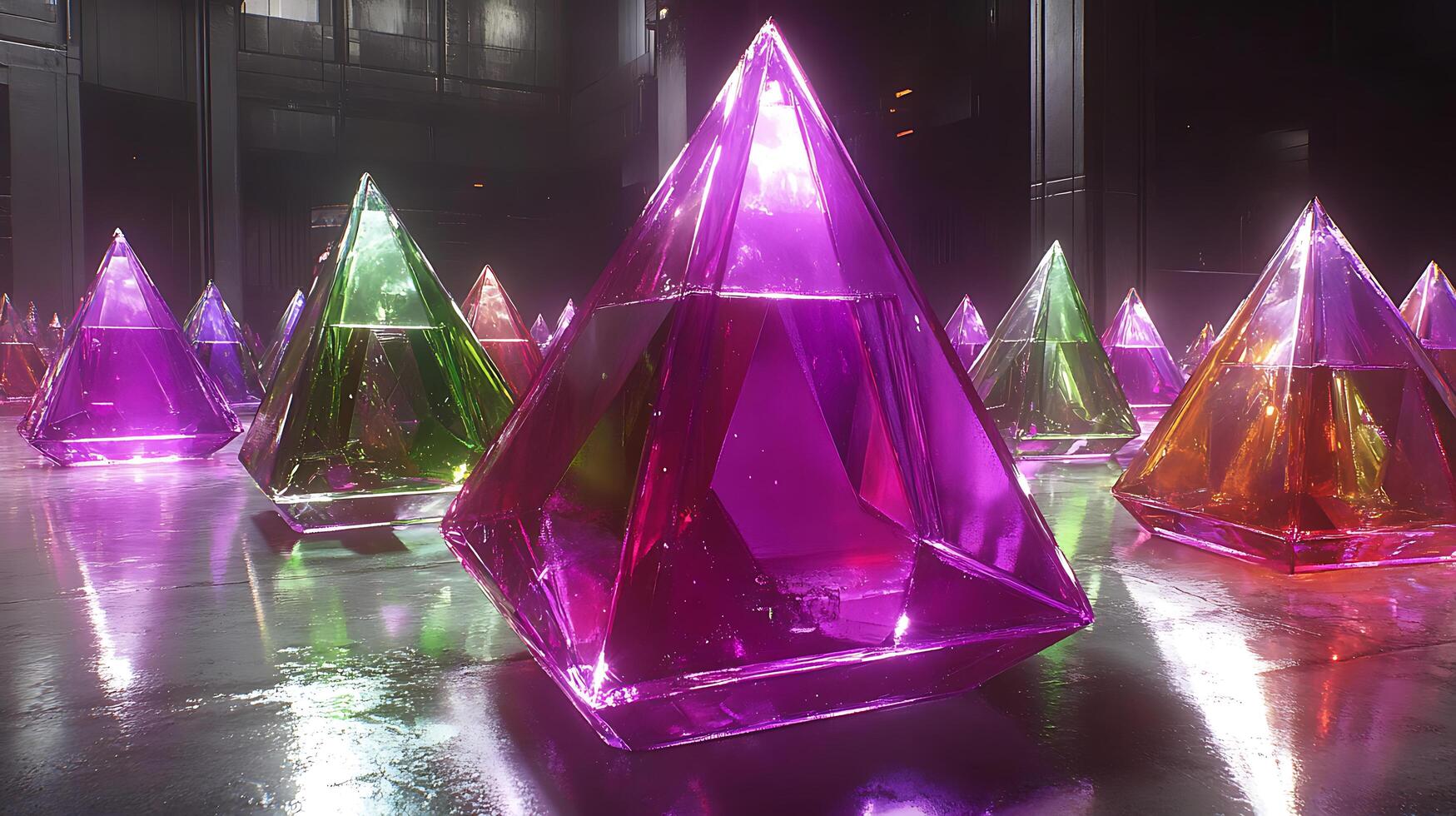 Colorful Transparent Pyramids in a Futuristic Glowing Environment photo