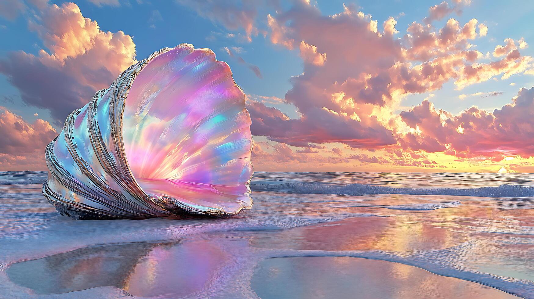 Stunning Sunset on Beach With a Large Iridescent Seashell photo