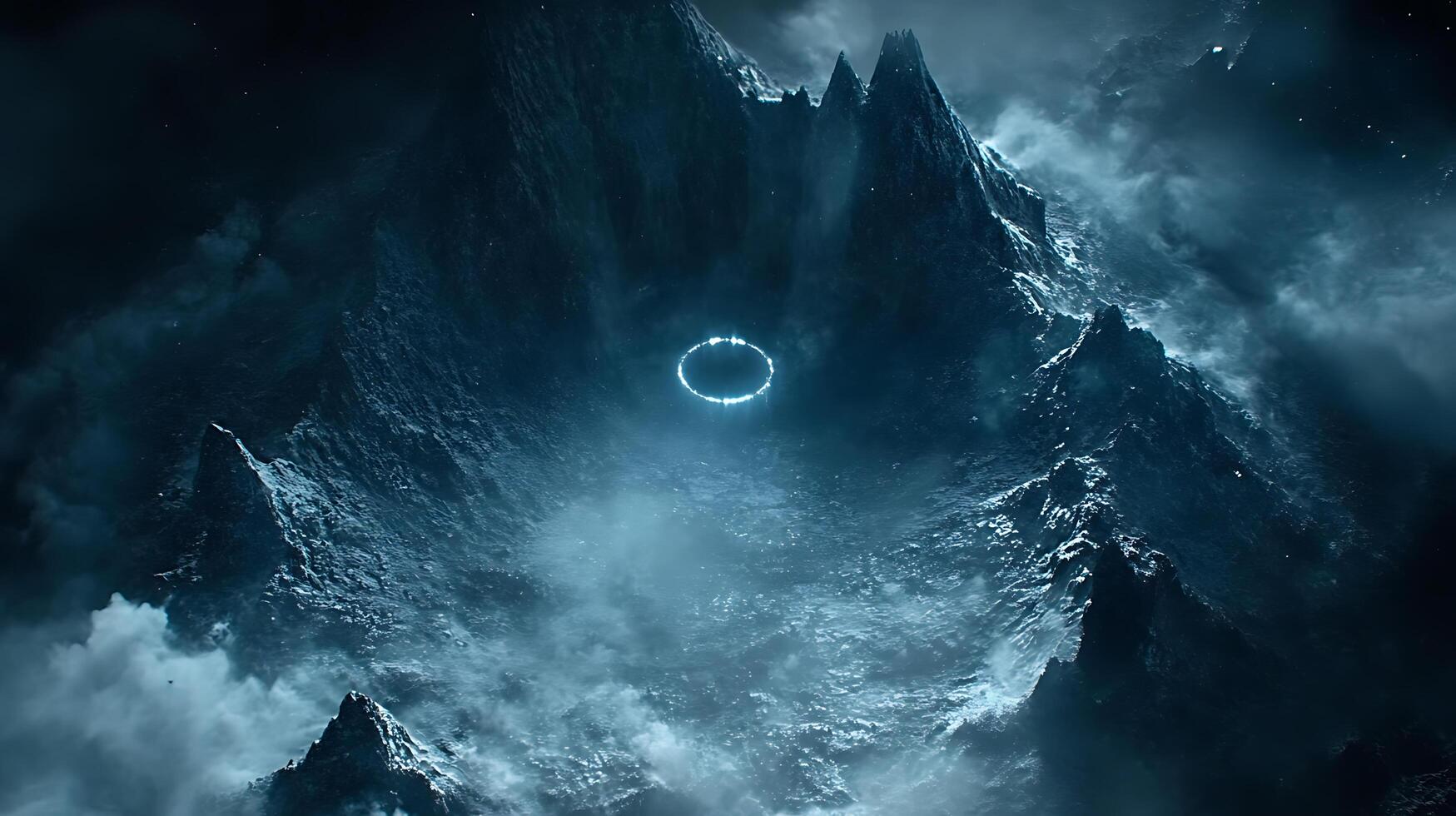 Mysterious Mountain Circle Surrounded by Misty Atmosphere and Dramatic Peaks photo