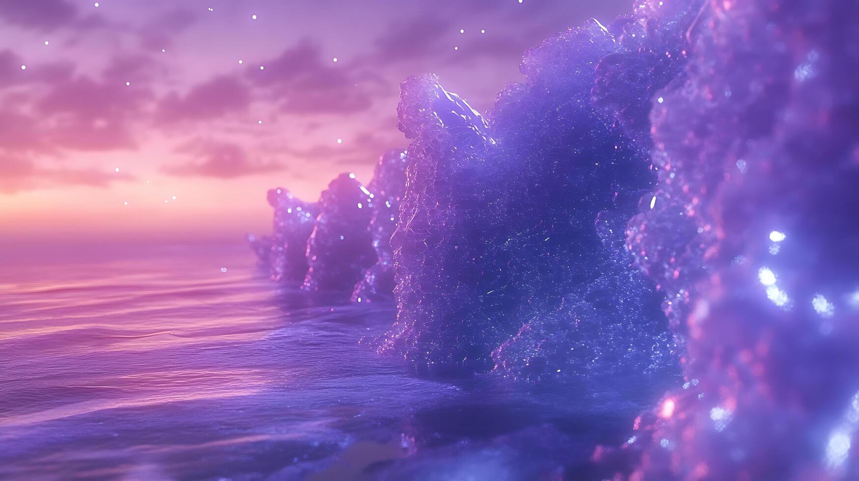 Majestic Sunset Over Ethereal Crystals Along Serene Ocean Shores photo