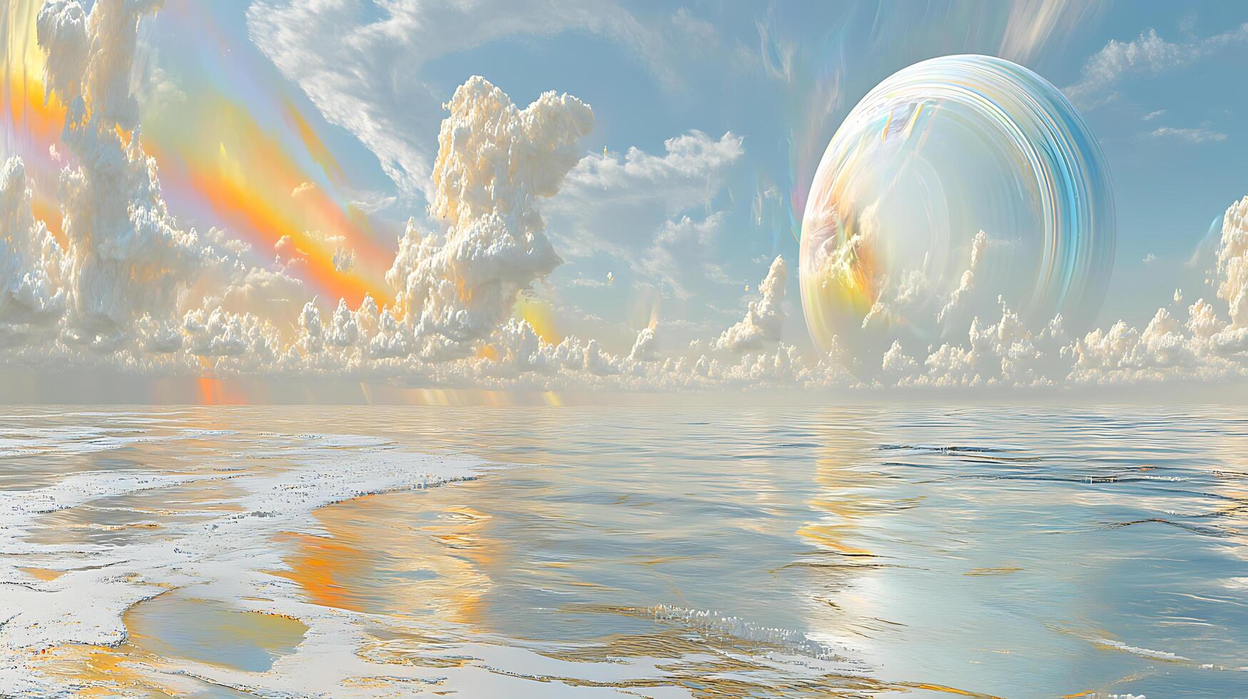 Surreal Seascape with Vibrant Clouds and Large Planetary Sphere photo