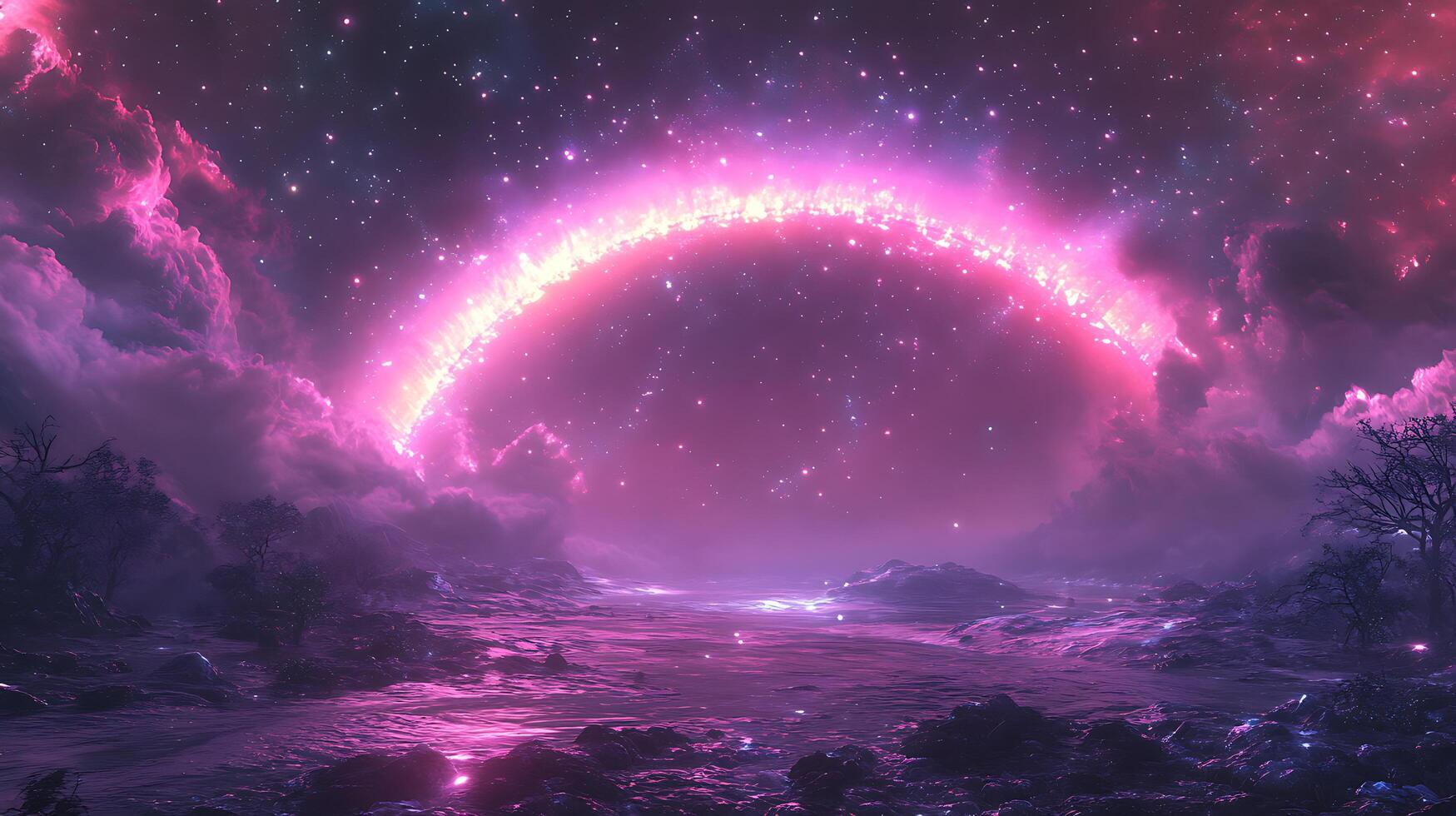 Dreamlike Cosmic Scene Featuring a Glowing Pink Arc in a Starry Sky photo