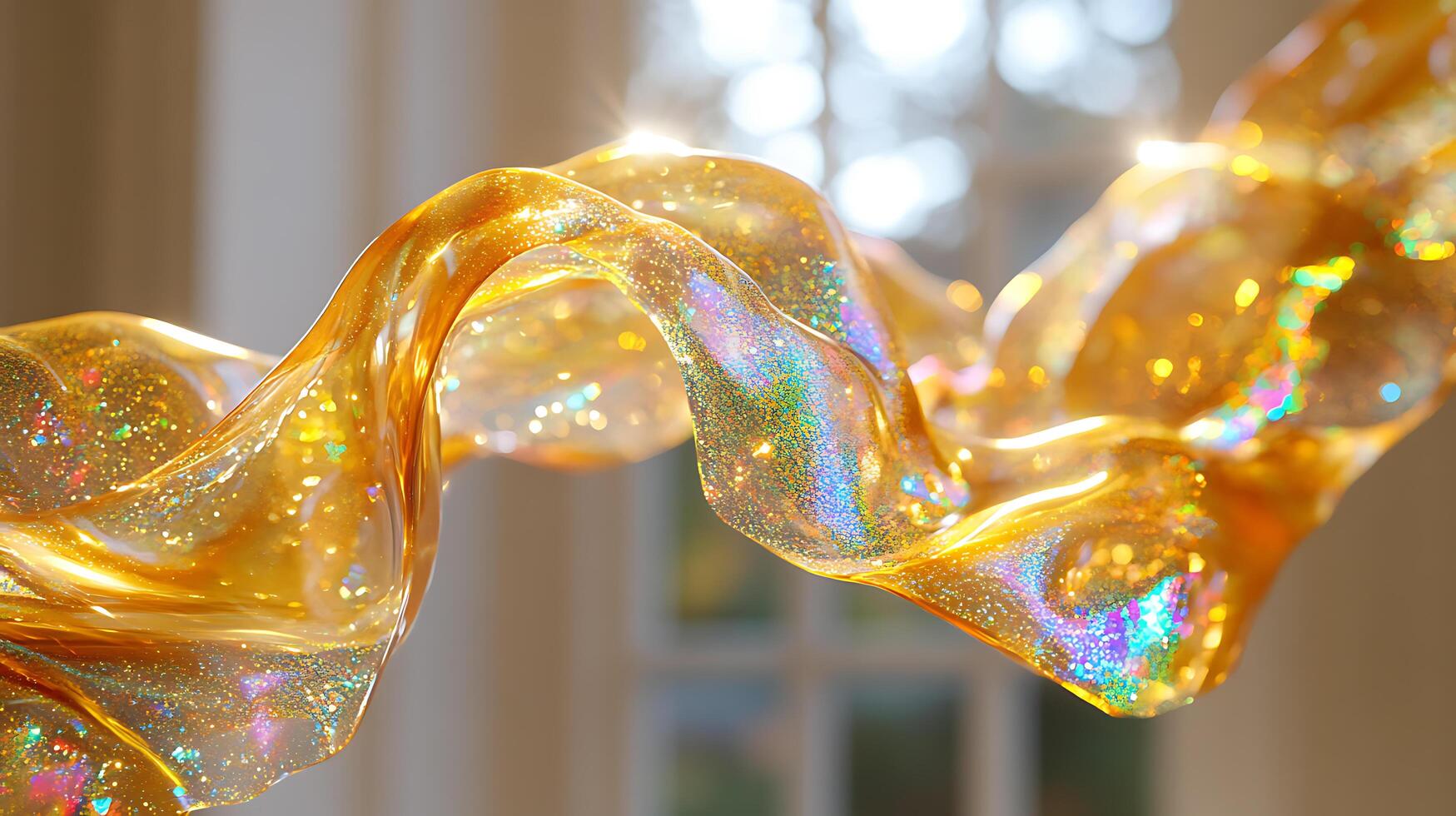 Golden Iridescent Ribbon with Sparkling Reflections in Sunlight photo