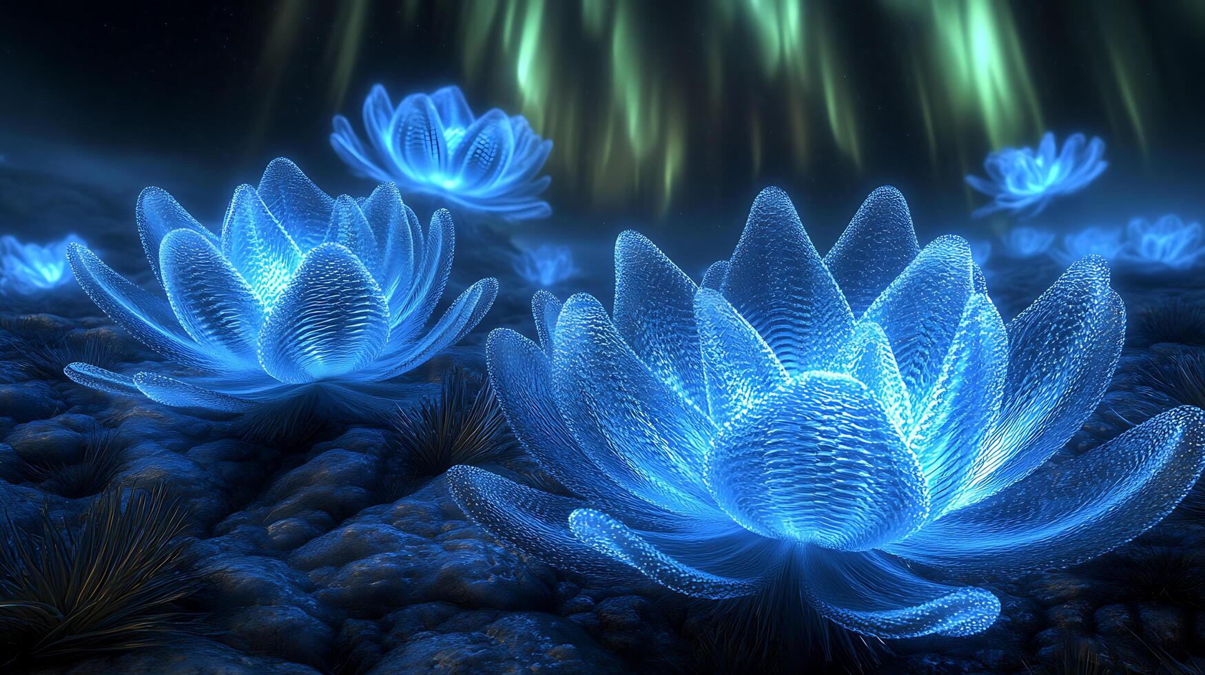 Glowing Blue Flowers in a Mystical, Dreamlike, and Enchanted Night Scene photo
