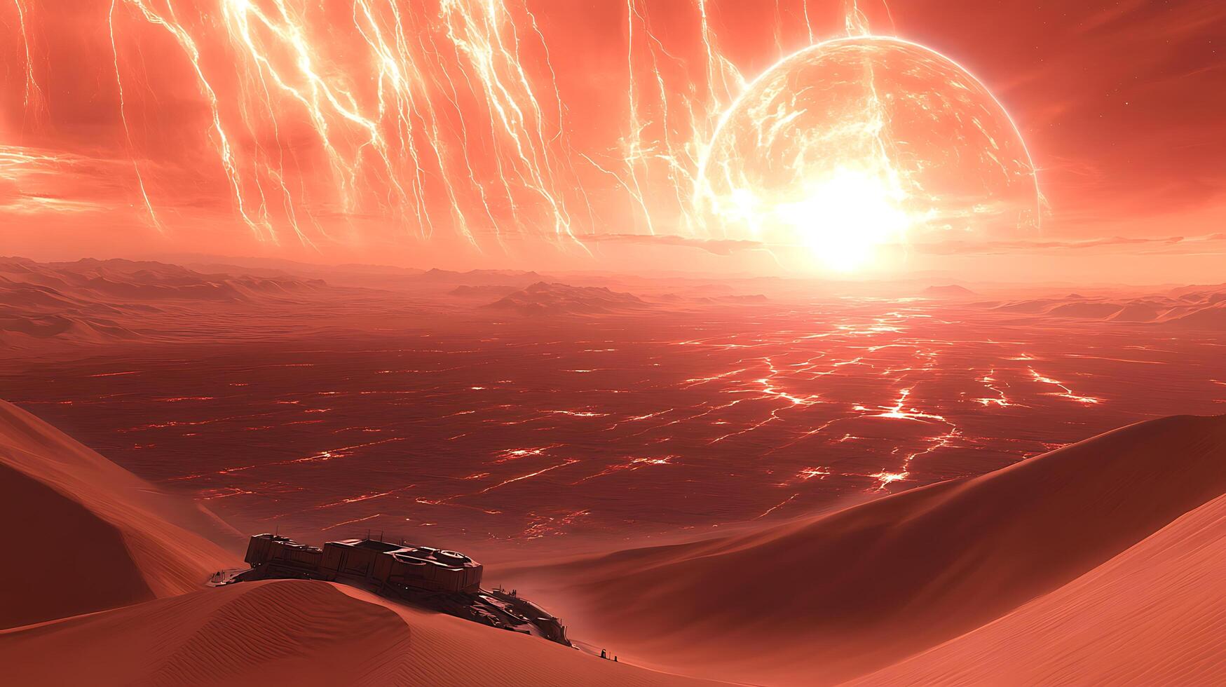 Futuristic Desert Landscape with Dying Sun and Cracked Fiery Surface photo