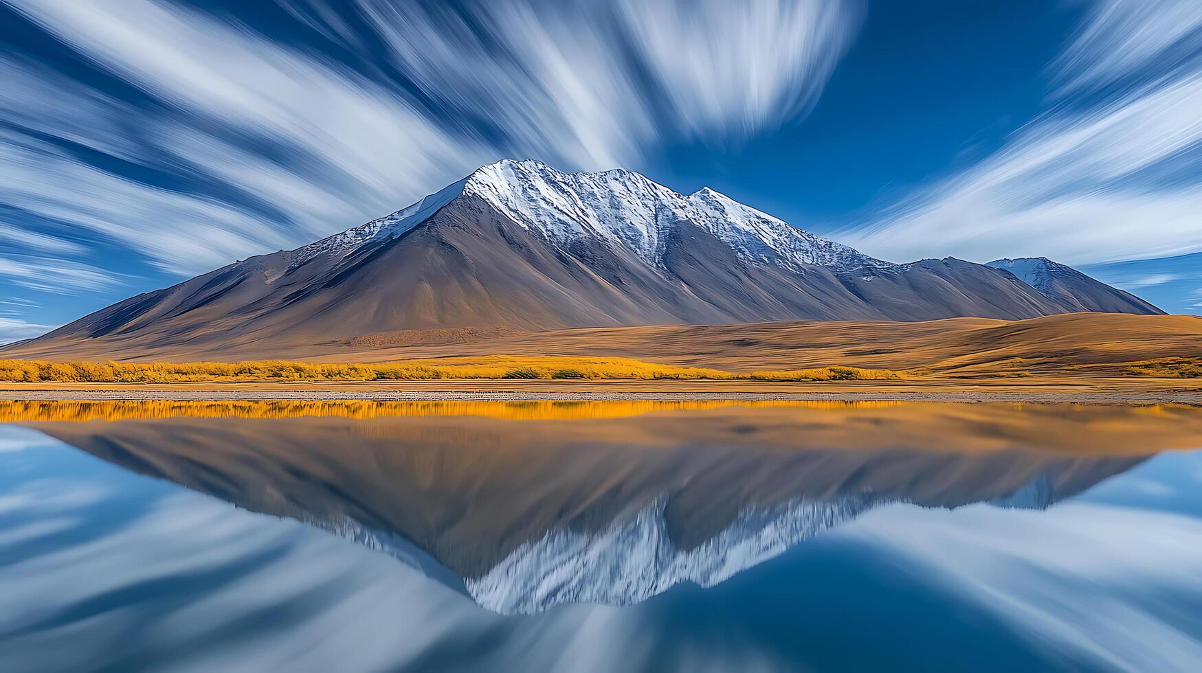 Snow-Capped Mountain Reflected on a Calm Lake Under a Clear Sky photo
