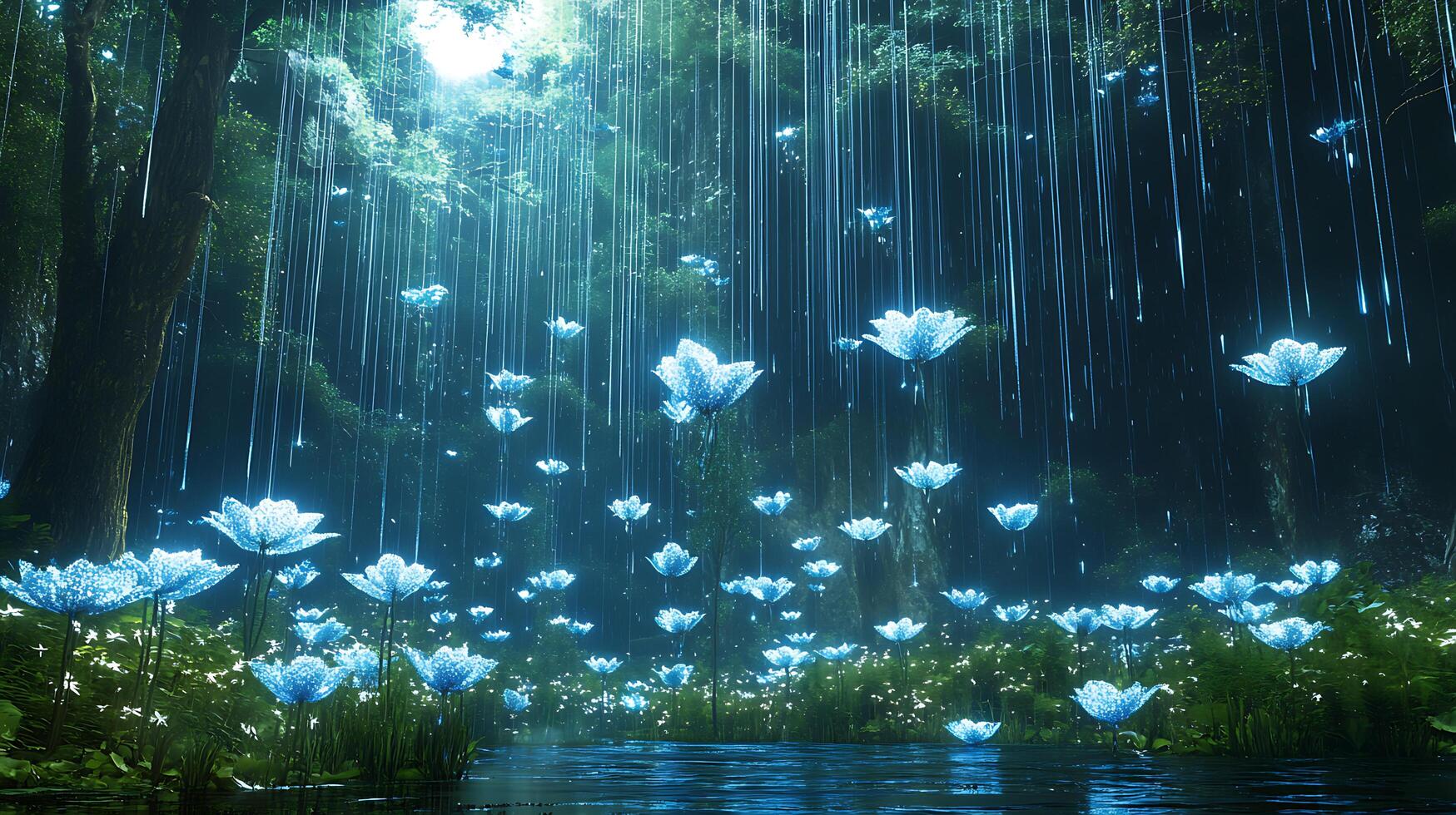 Enchanted Forest with Glowing Flowers and Ethereal Cascading Raindrops photo
