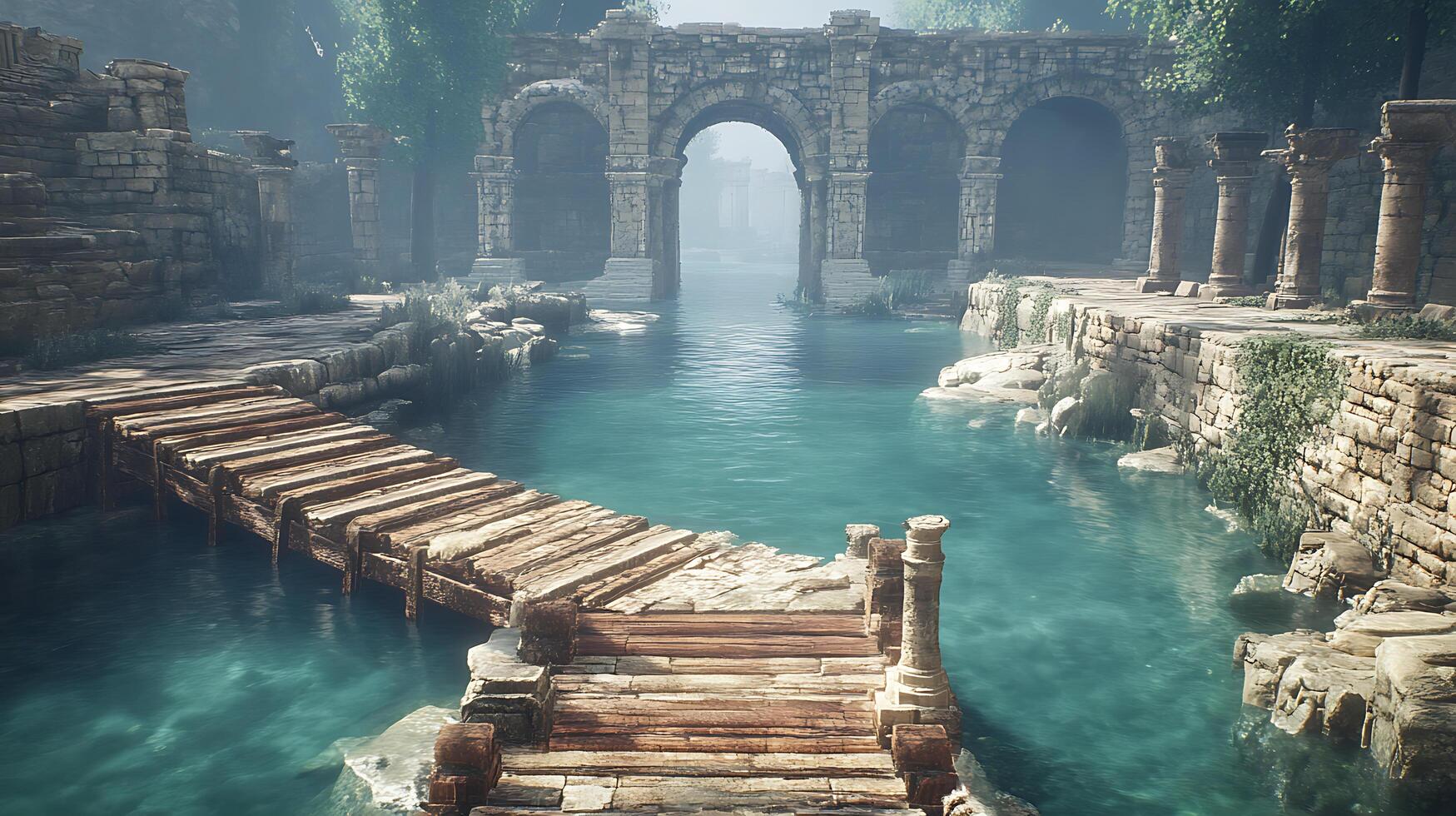 Ancient Stone Bridge Over Tranquil River Surrounded by Ruins and Lush Foliage photo