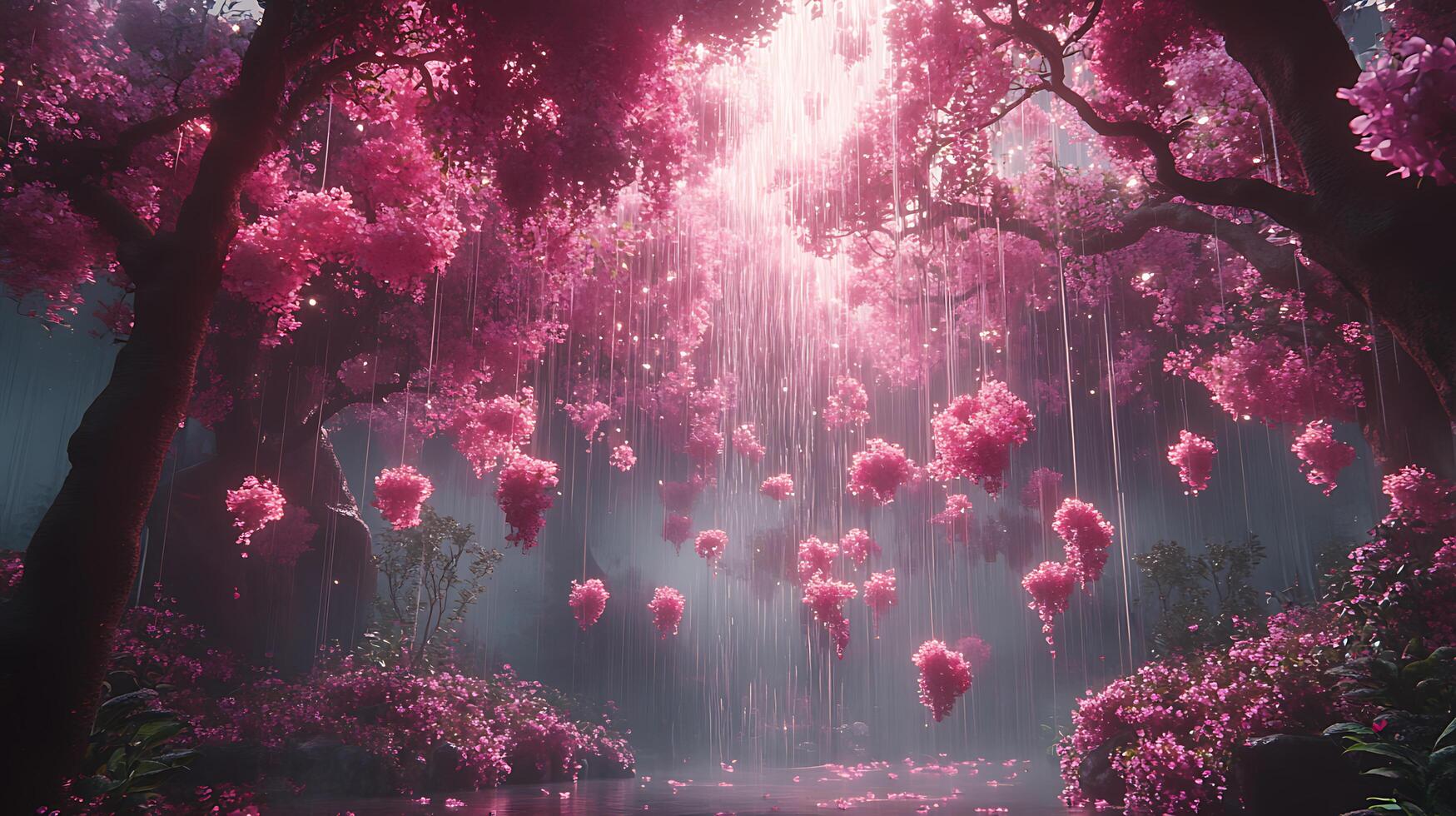 Enchanted Pink Blossom Garden with Sunlit Floating Flowers and Tranquil Atmosphere photo