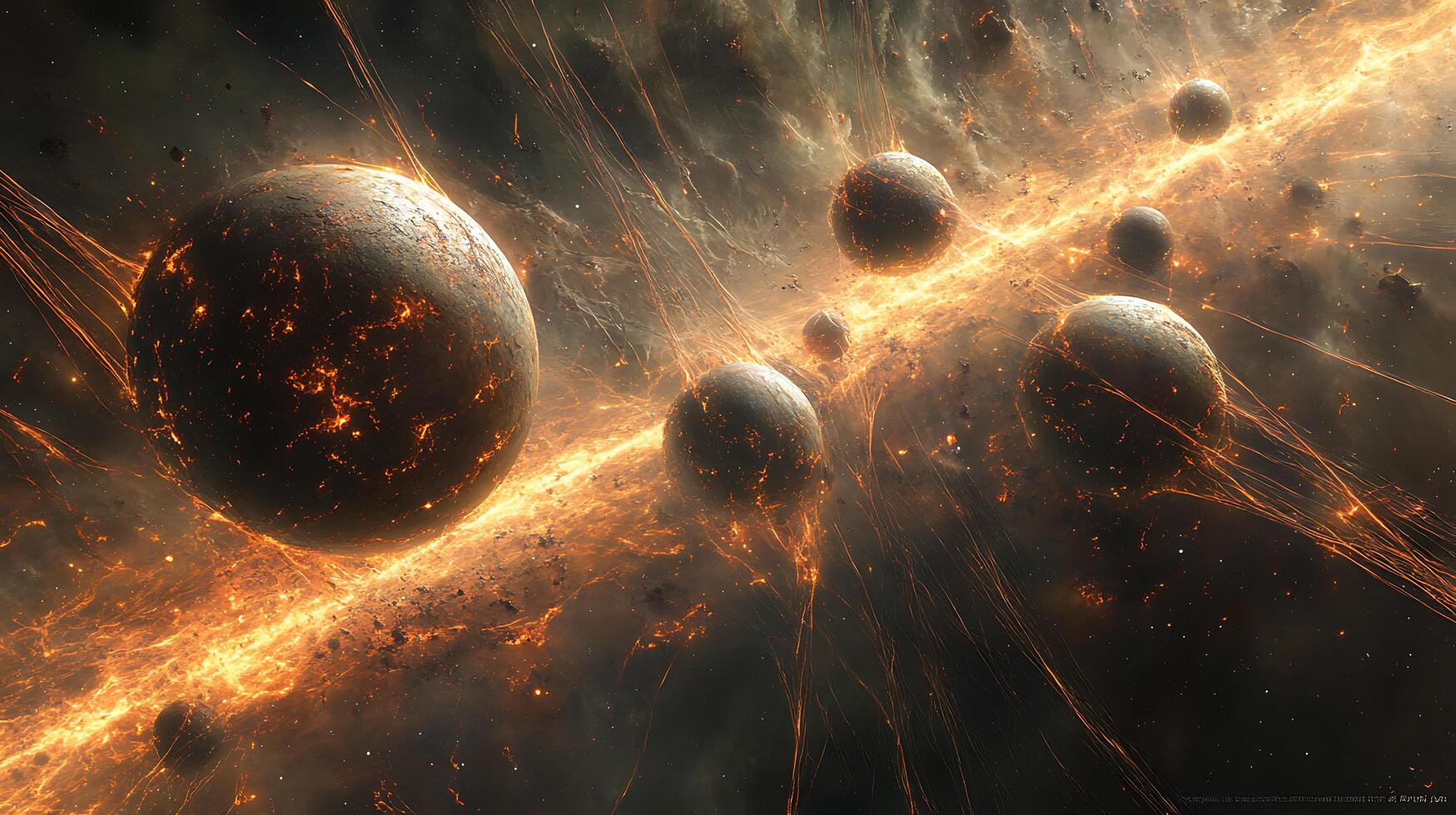 Futuristic Planetary System With Fiery Cosmic Energy Streams in Space photo