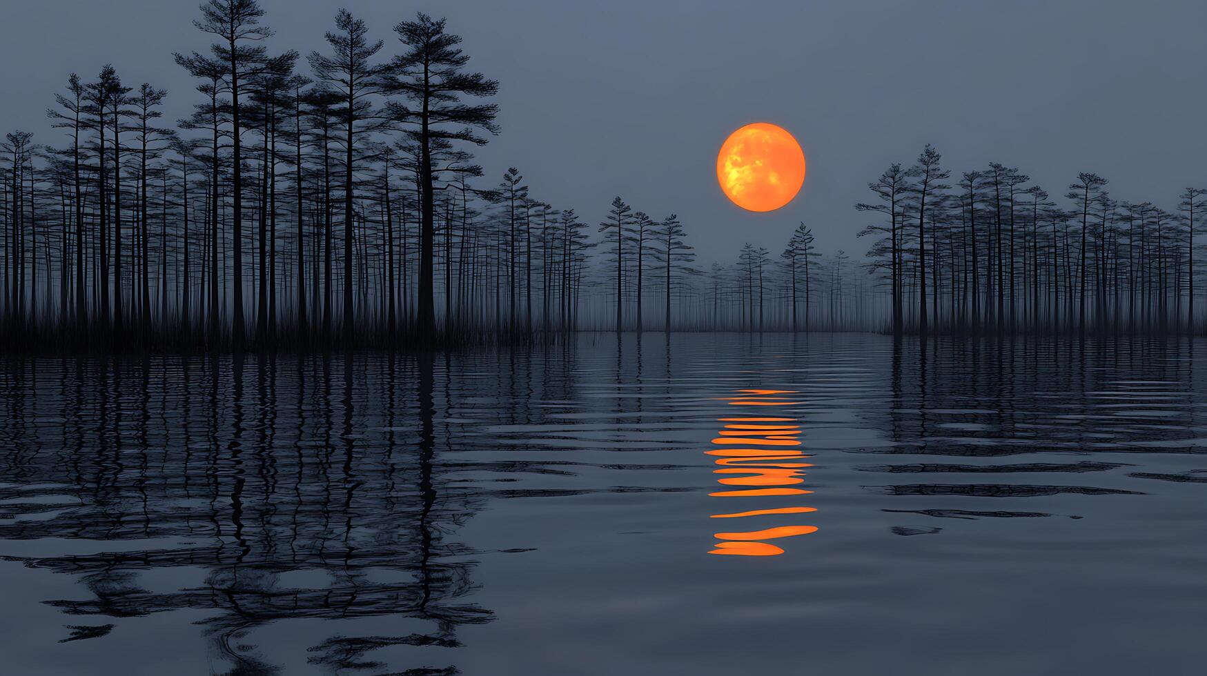 Bright Full Moon Illuminating a Serene Forest Reflecting on Tranquil Water photo