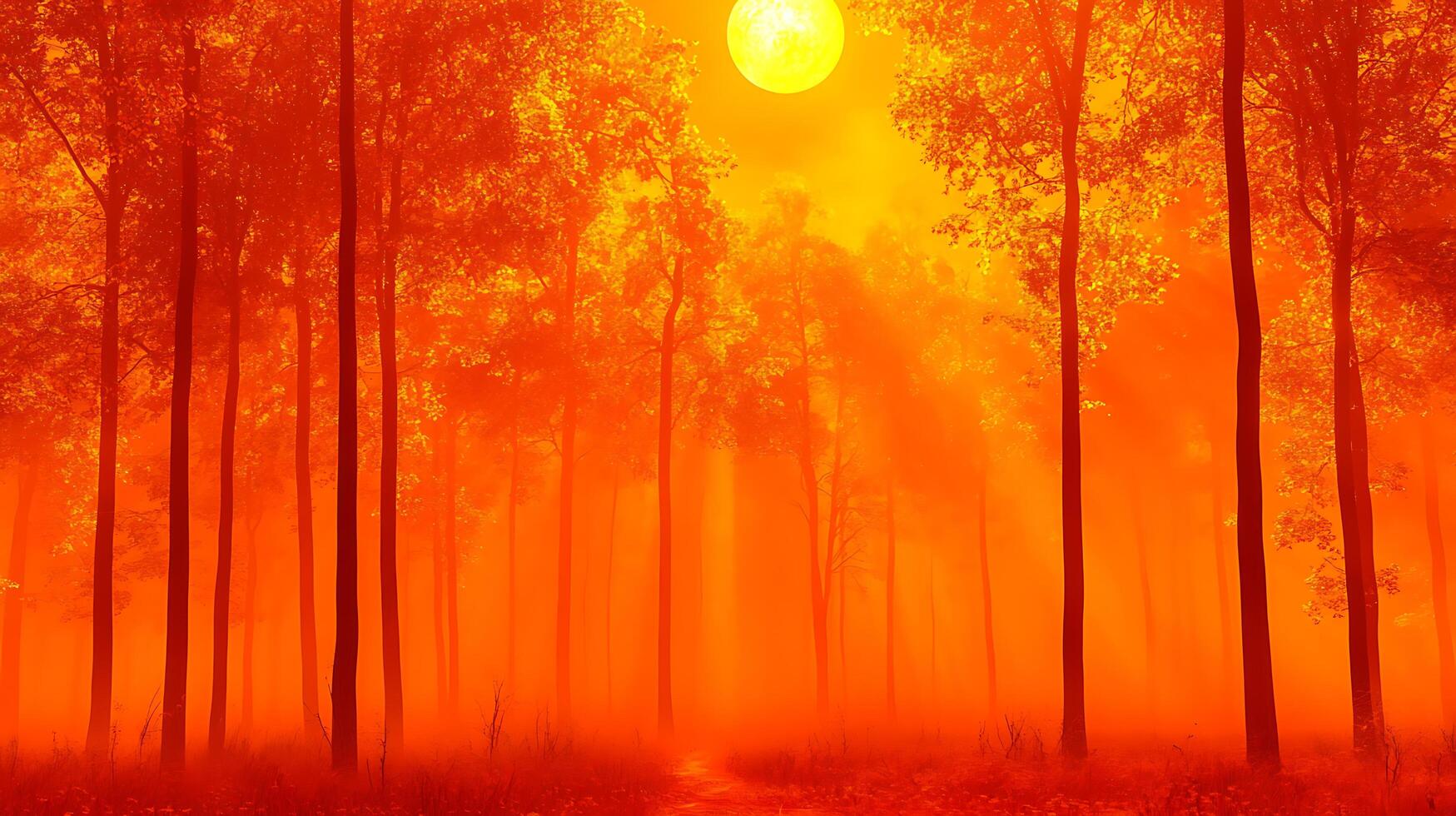 Serene Forest Scene Illuminated by a Vibrant Orange Sunset Sky photo