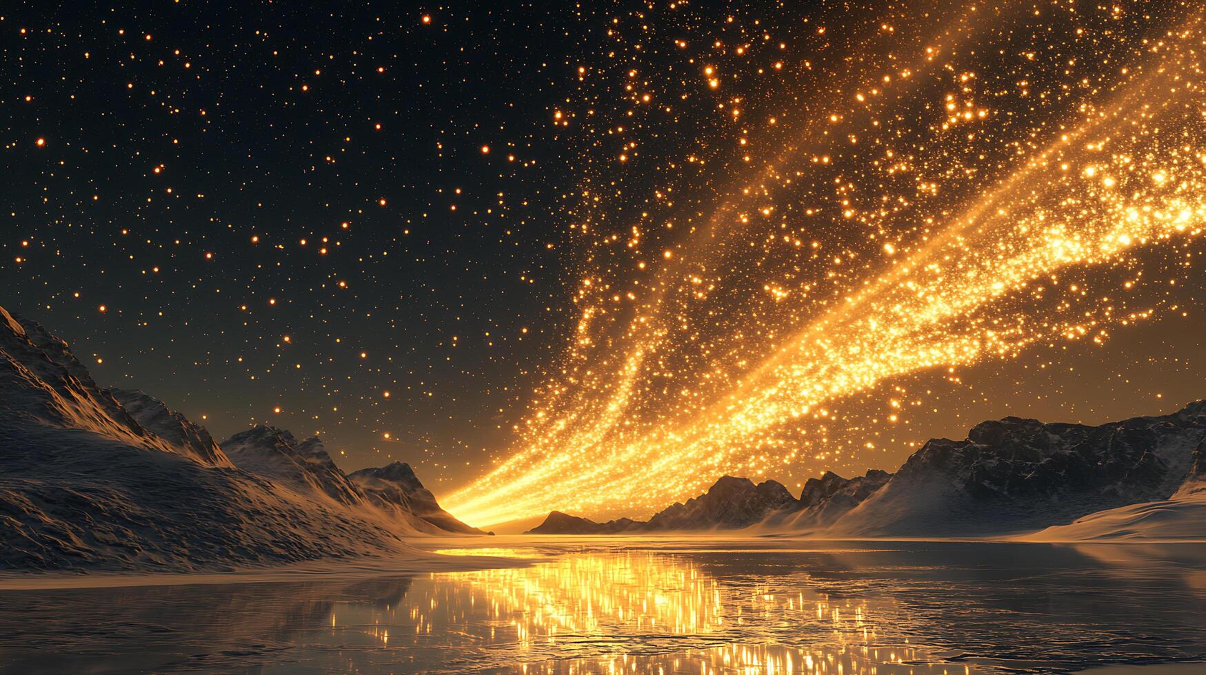 Golden Starry Sky Over Serene Snowy Mountains and Reflective Ice Surface photo