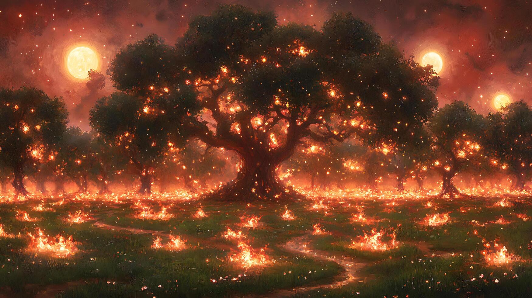 Fantasy Forest Illuminated by Ethereal Flames Under Mystic Full Moon photo