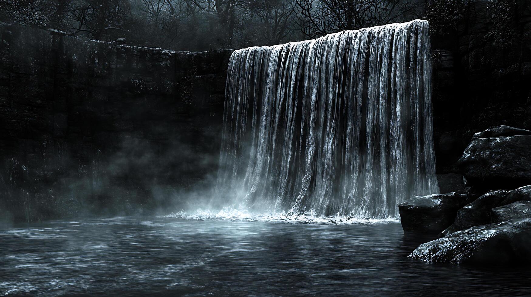 Majestic Waterfall Surrounded by Misty Rocks in a Serene Forest Setting photo