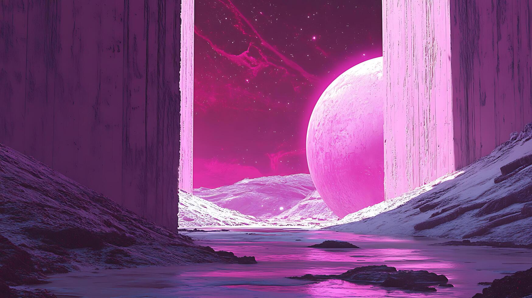 Vibrant Sci-Fi Landscape Featuring Pink Planet and Surreal Architecture at Twilight photo
