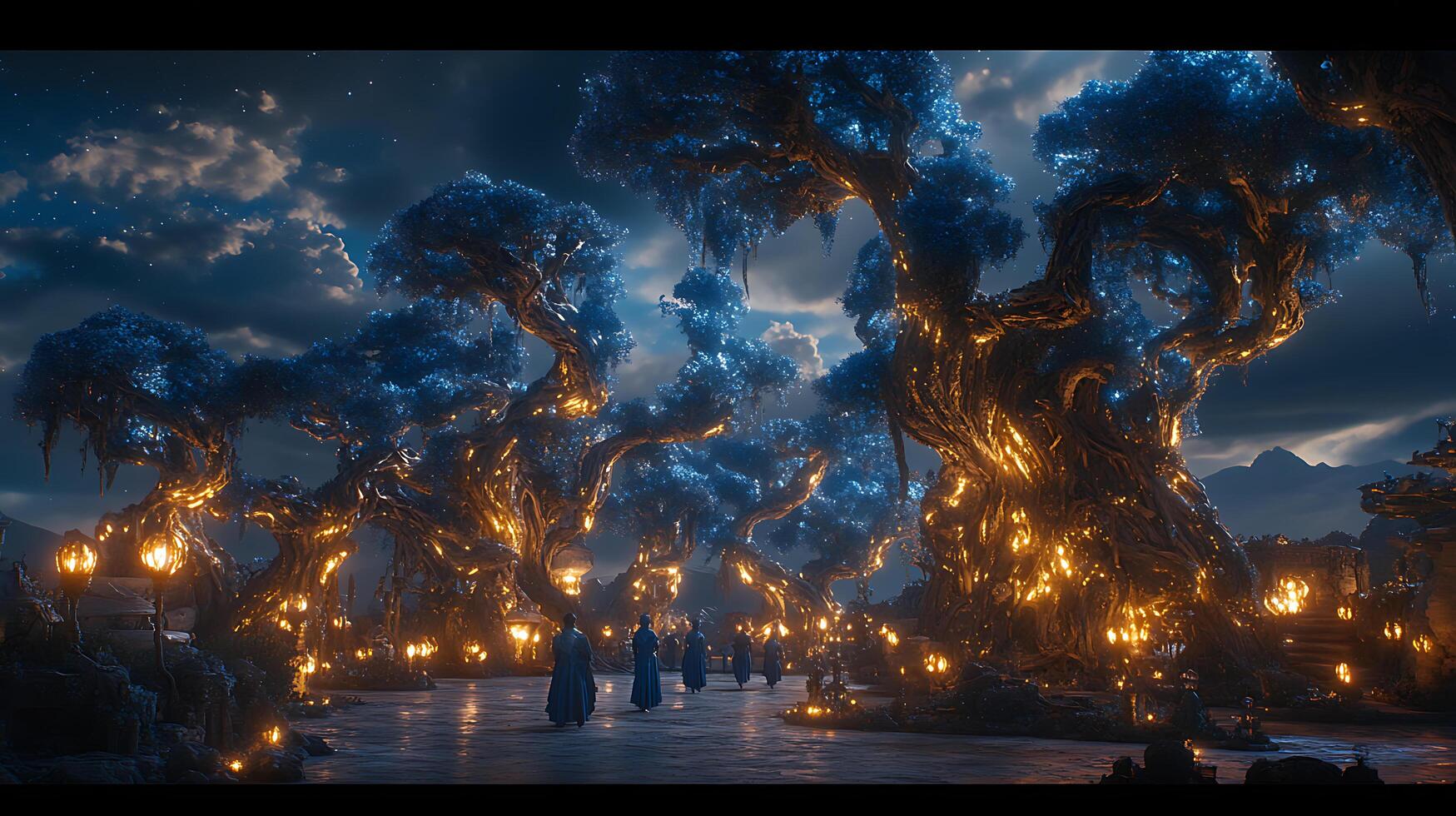 Magical Night in an Enchanted Forest with Illuminated Trees photo