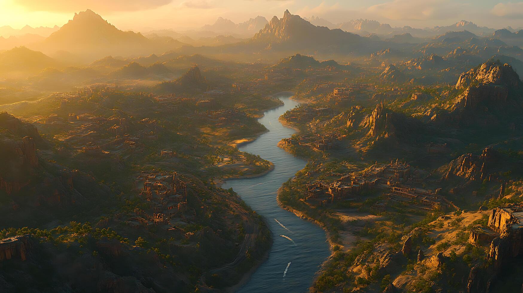 Panoramic View of a Serene River Winding Through Rugged Mountain Valleys photo