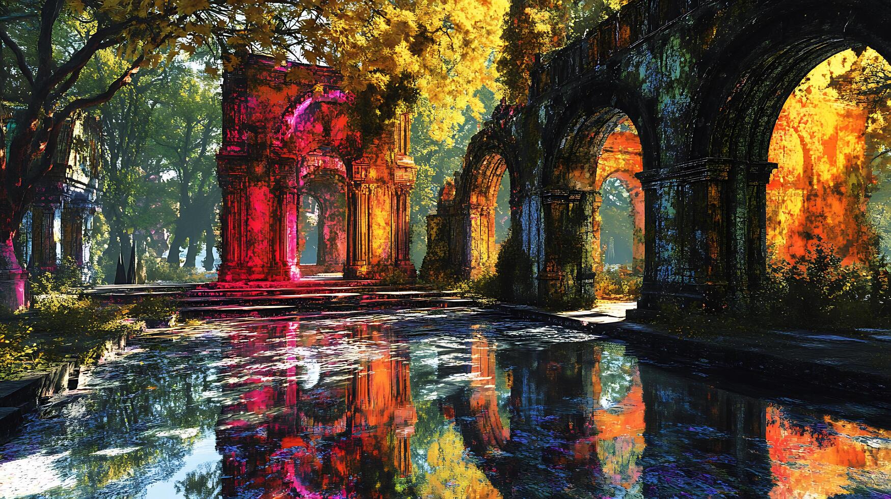 Ancient Ruins Reflecting in a Vibrant Pool Under Golden Sunlight photo