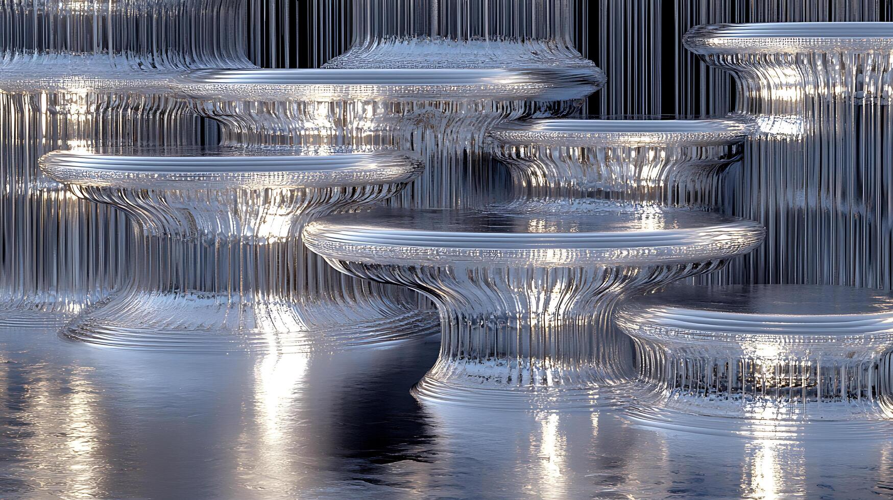 Abstract Luminous Glass Structures with Reflective Metallic Surfaces and Light Effects photo