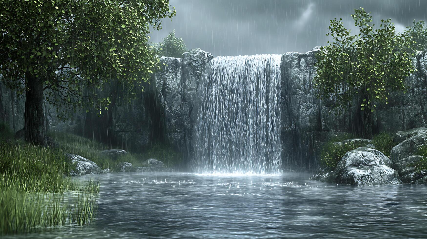 Serene Waterfall Flowing in a Peaceful Nature Scene During a Tranquil Rainfall photo