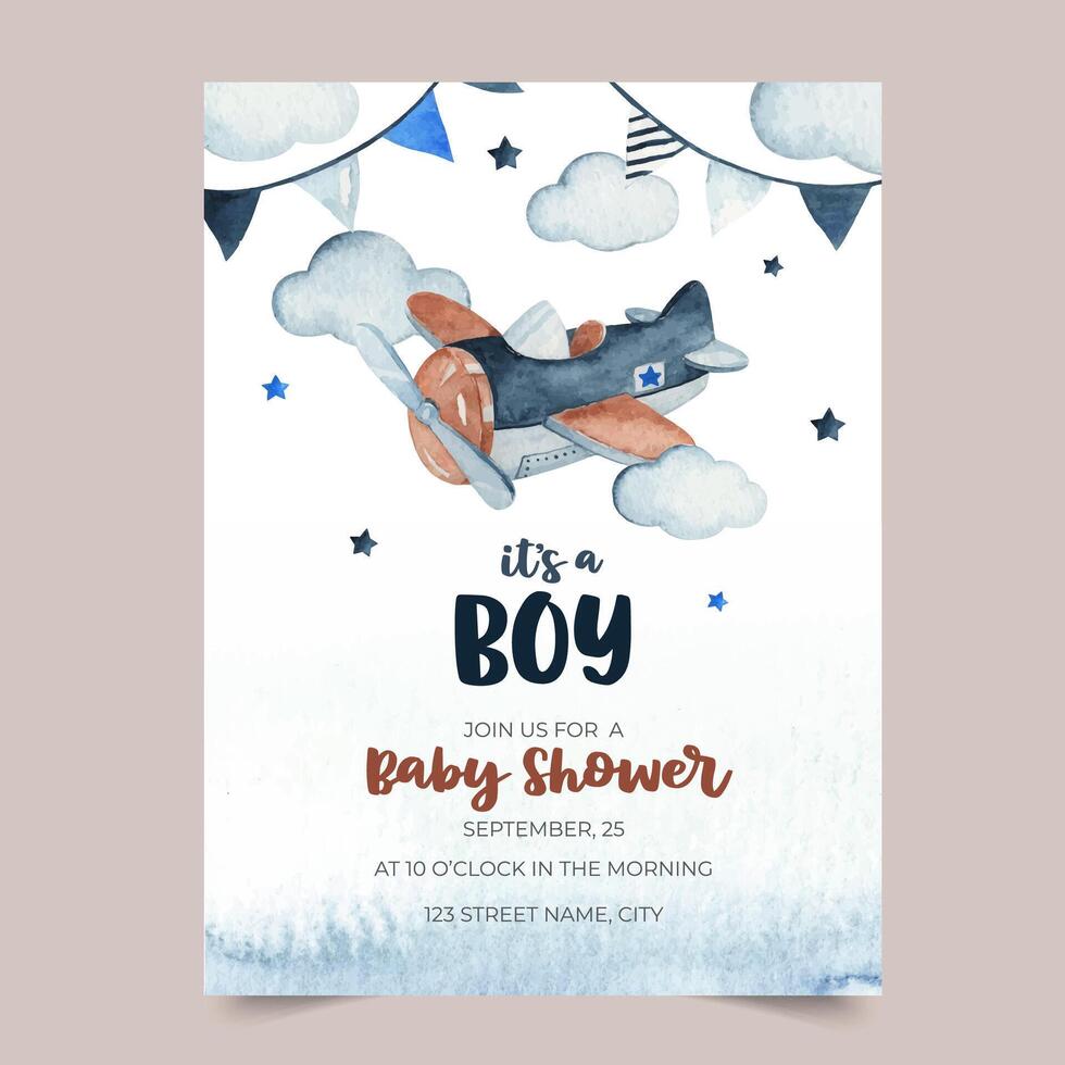 Cute watercolor sky scene illustration complete with airplane, garland, star and cloud. perfect for baby shower invitation card vector