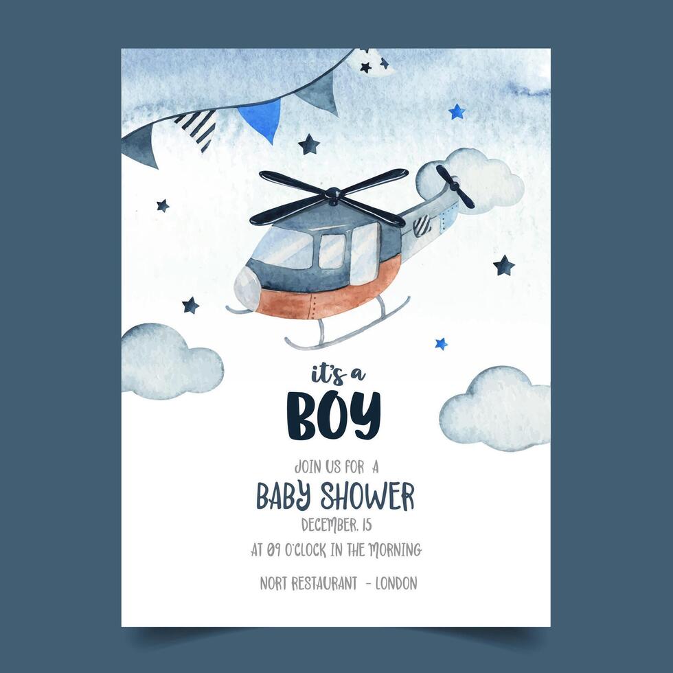 Adorable watercolor sky scene illustration complete with helicopter, garland, star and cloud. perfect for baby shower invitation card or birthday vector