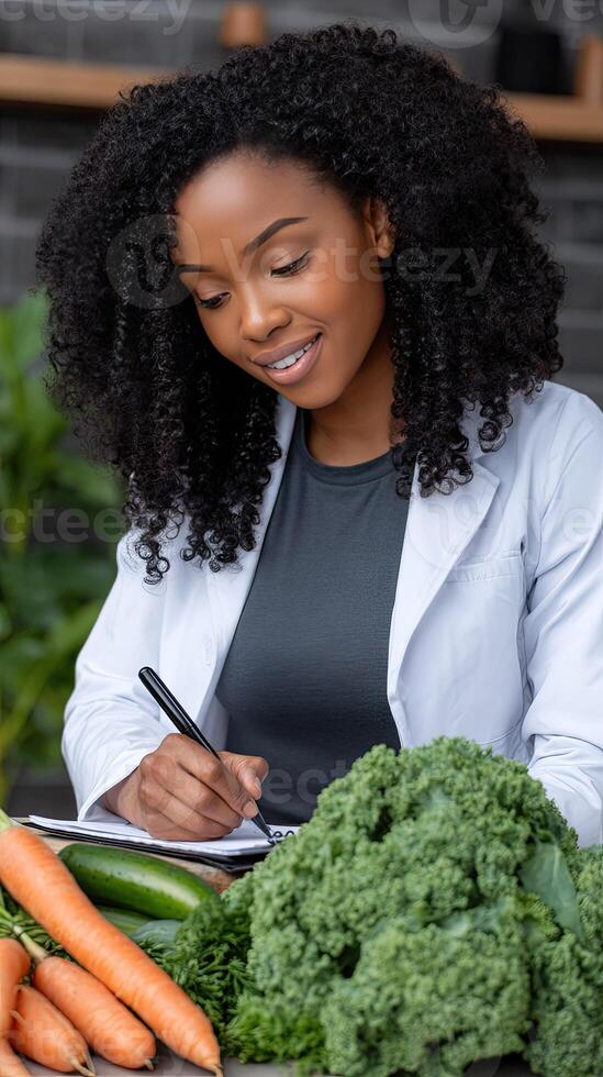 A woman in a lab coat writing on a clipboard with vegetables photo