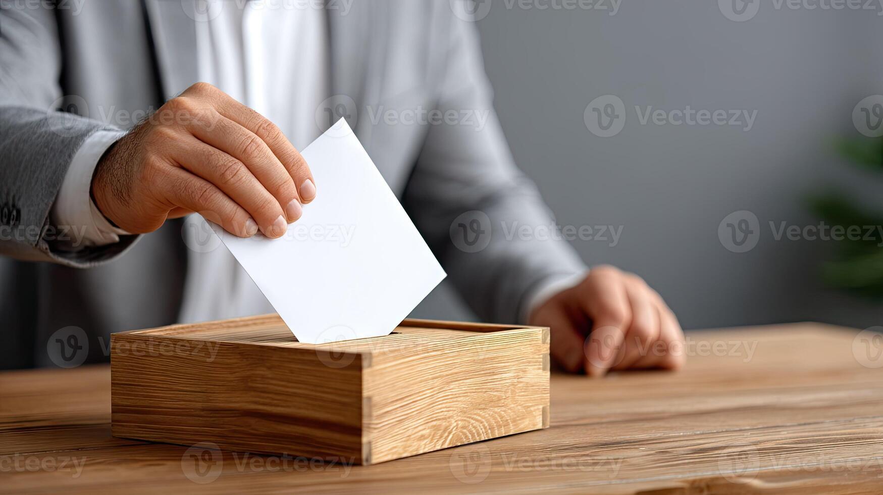 A man is putting a paper into a wooden box photo