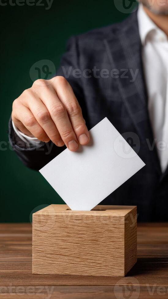 Businessman putting ballot in box on table photo